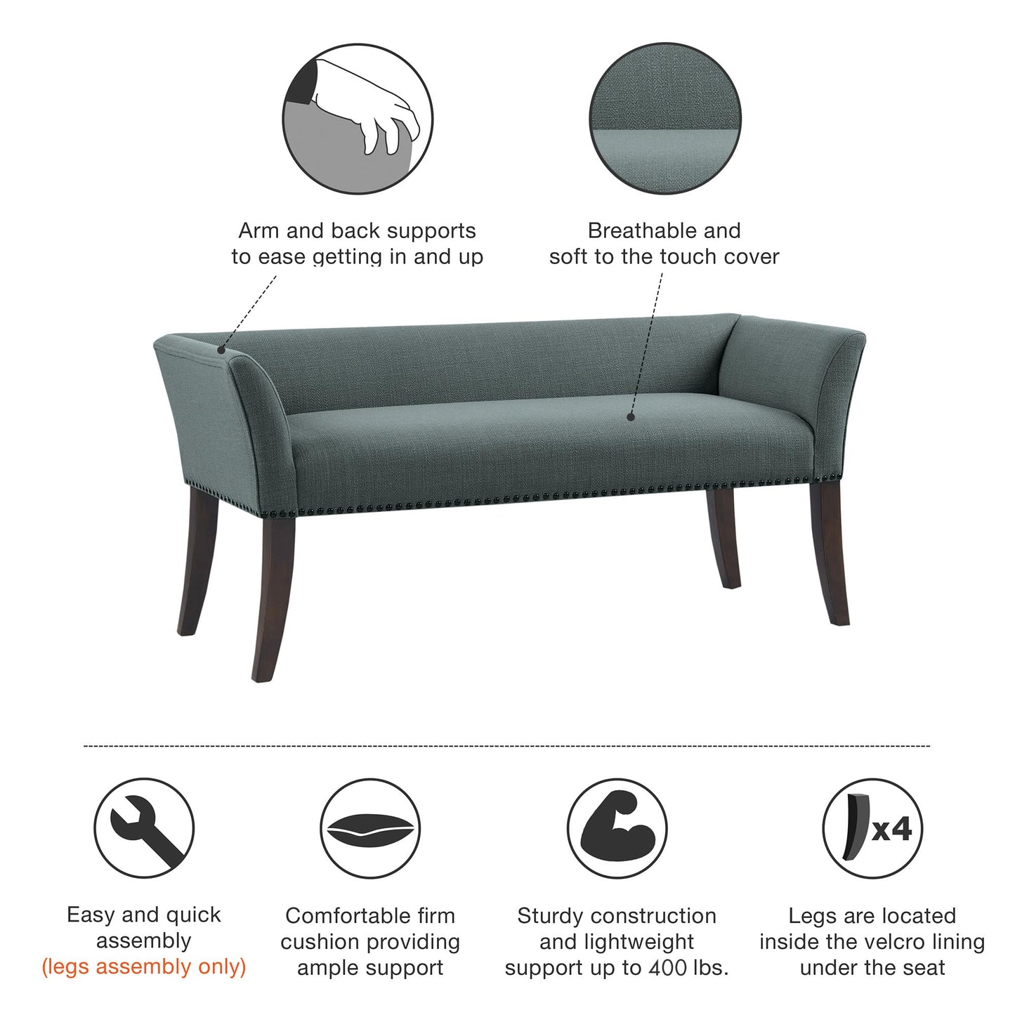 Madison Park Accent Bench, Upholstered with Nailhead Trim, & Padded Seat Entryway Bench Small, End of Bed Bench with Back, 49.5" W x 19.25" D x 23" H, Slate Blue