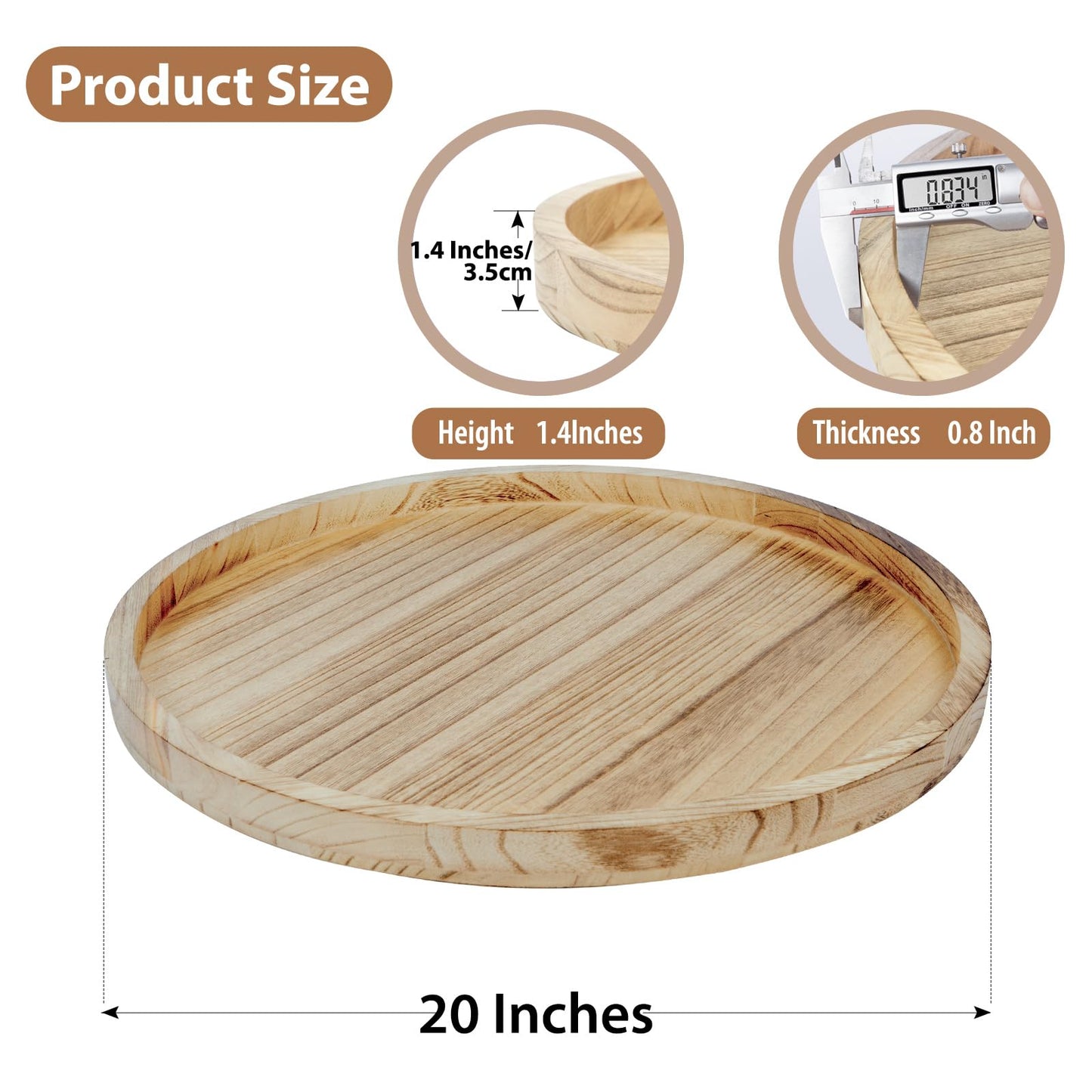 Round Ottoman Tray for Coffee Table Living Room Wood Serving Tray Large Wooden 20 Inches Rustic Torched