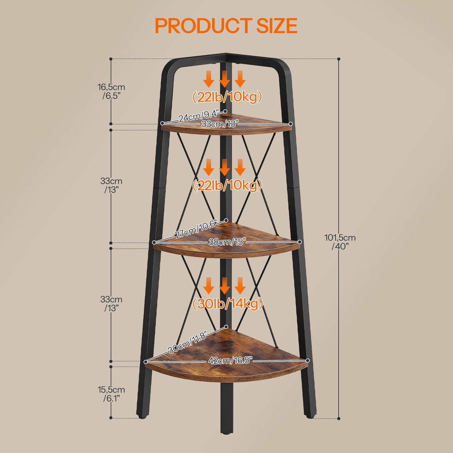HOOBRO Corner Shelf, 3-Tier Corner Shelf Stand, 40” Tall Ladder Bookshelf, Industrial Corner Display Shelf Plant Stand for Living Room, Kitchen, Home Office, Rustic Brown BF143CJ01