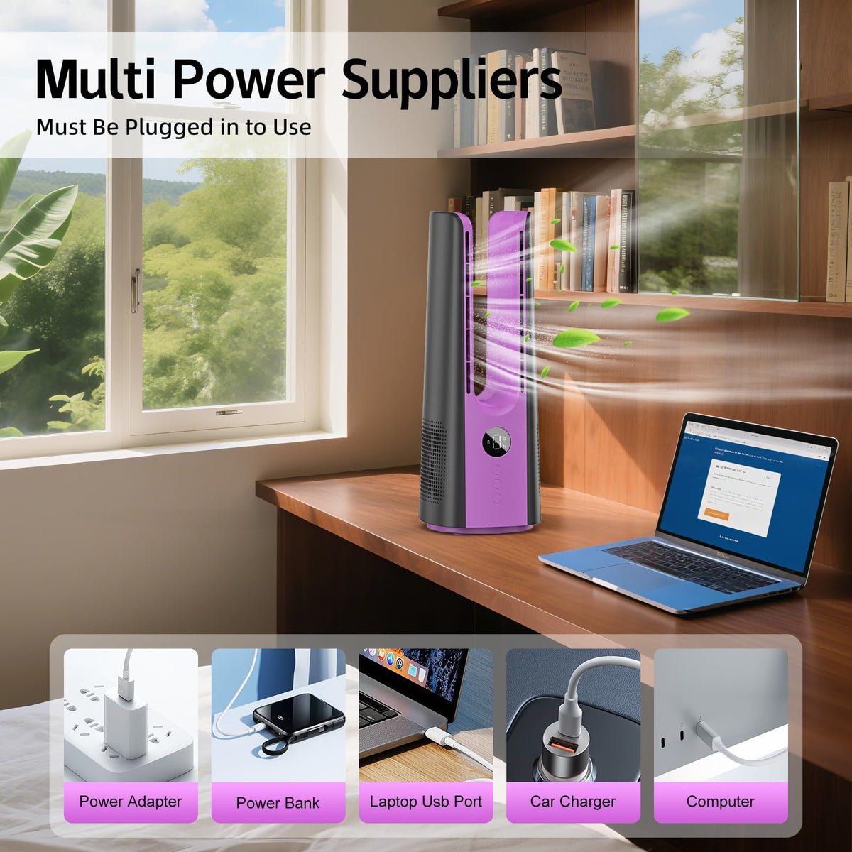KONSIDEN Desk Fan, 13 Inch Portable Bladeless Fan, Small Quiet Table Fan with 60°Oscillating, 9 Speeds & 9H Timer, LED Display, Button Control, Easy to Clean, Personal Desktop Fan for Bedroom, Office