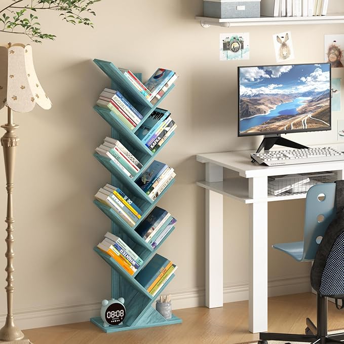 SHEEPAM 10 Tier Tree Book Shelf, Floor Standing Wood Bookshelf