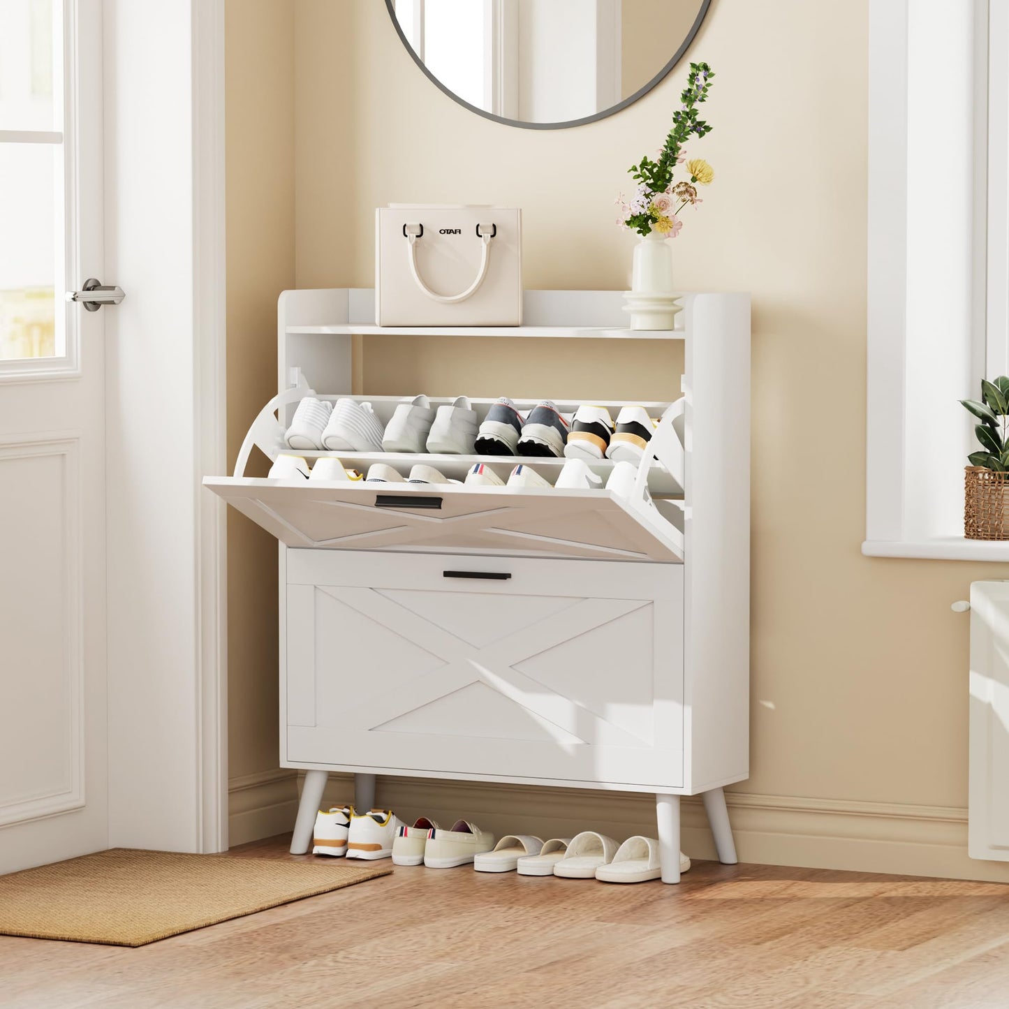 Homleke 32" W Farmhouse Shoe Storage Cabinet with 2 Flip Drawers and Barn Door Design, Adjustable Shelves, Modern Hidden Slim Narrow Shoe Rack Cabinet for Entryway, Foyer, Hallway, Living Room, White