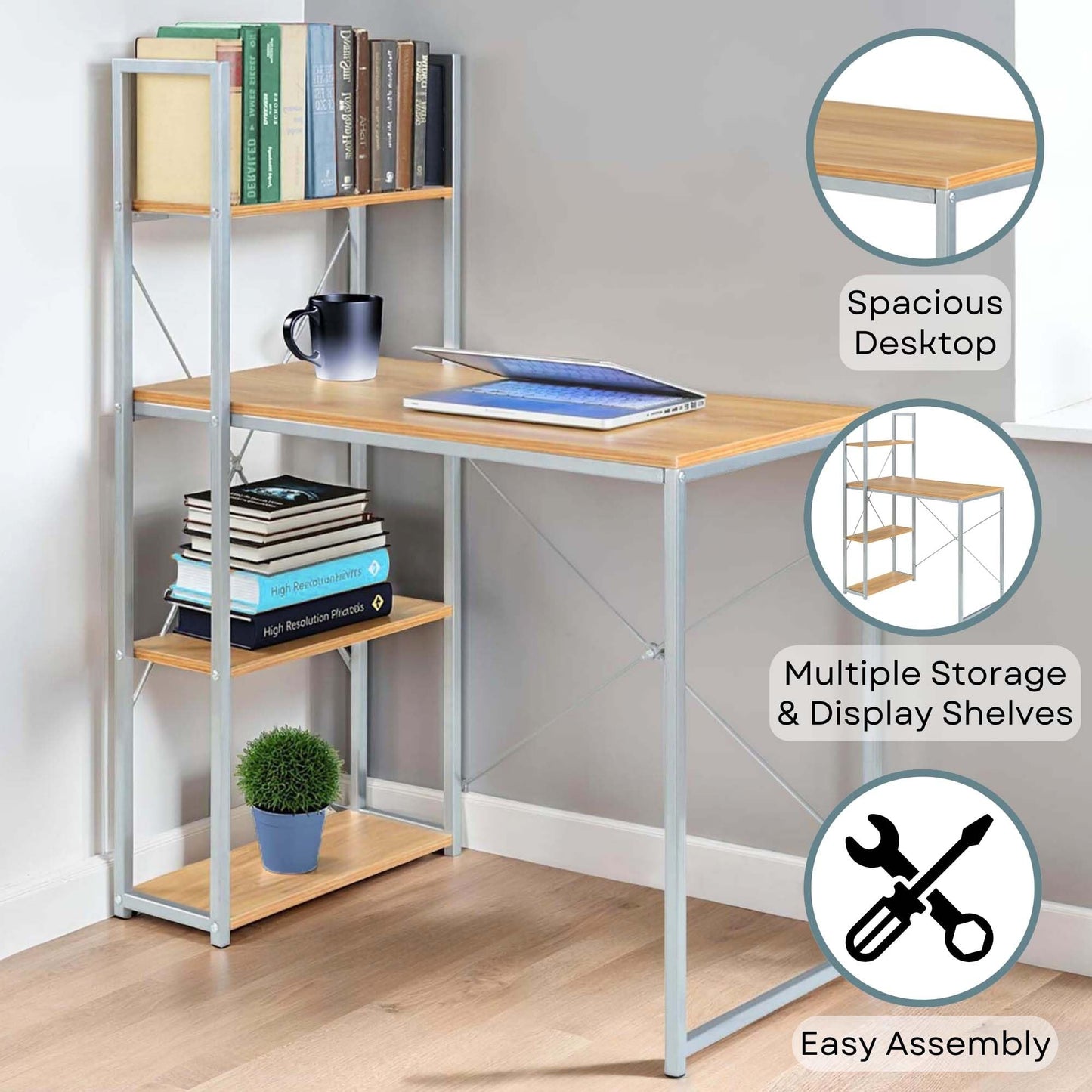 Convenience Concepts Desigsn2Go Office Workstation Desk 36" - Modern, Contemporary Writing Accent with Storage Shelves for Dorm Room & Home Study, Light Oak