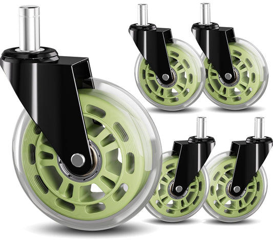 TESUMI Green Office Chair Wheels 3" Roller Blade Rubber Chair Casters Replacement, Heavy Duty Quiet No Scratch Gaming Chair Wheel for Hardwood Floor Carpet, Set of 5, 11mm Universal Fit/Not for 1KEA