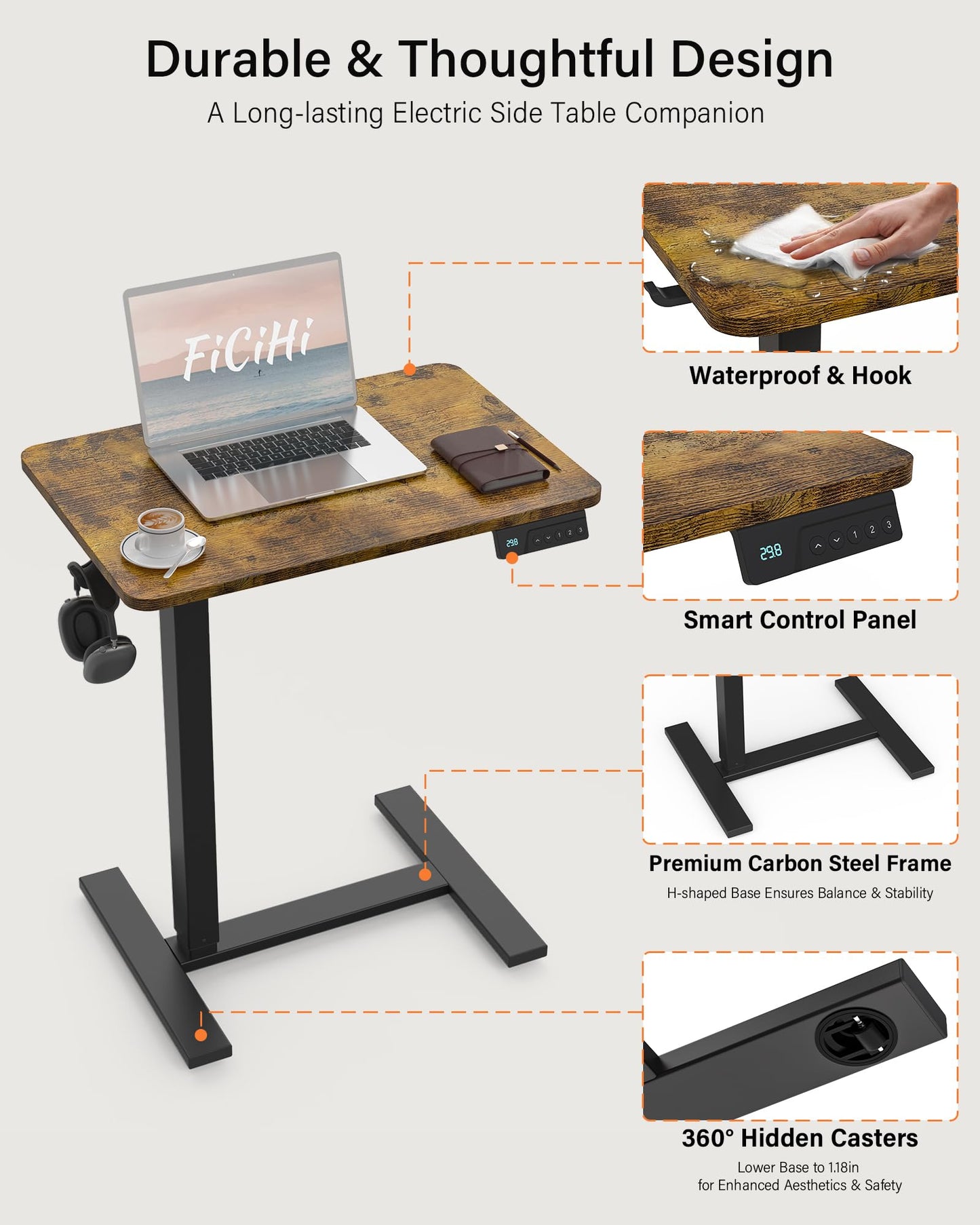 FiCiHi Electric Standing Desk with Wheels – Adjustable Height Mobile Sit-Stand Laptop Table, Portable Rolling Small Computer Workstation for Home Office & Bedside Use (28"x16", Rustic Brown)