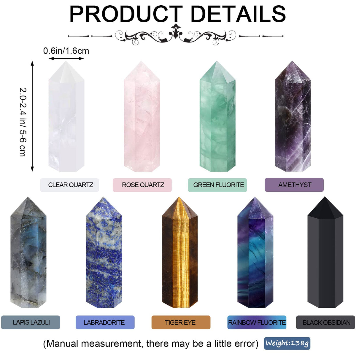Junkin 9 Sets Healing Crystal Wand, Amethyst Rose Quartz Clear Quartz Tiger Eye Obsidian Fluorite Labradorite Lapis Lazuli for Meditation Crystal Therapy Reiki Supplies(Mixed Color,2-2.4 Inch)