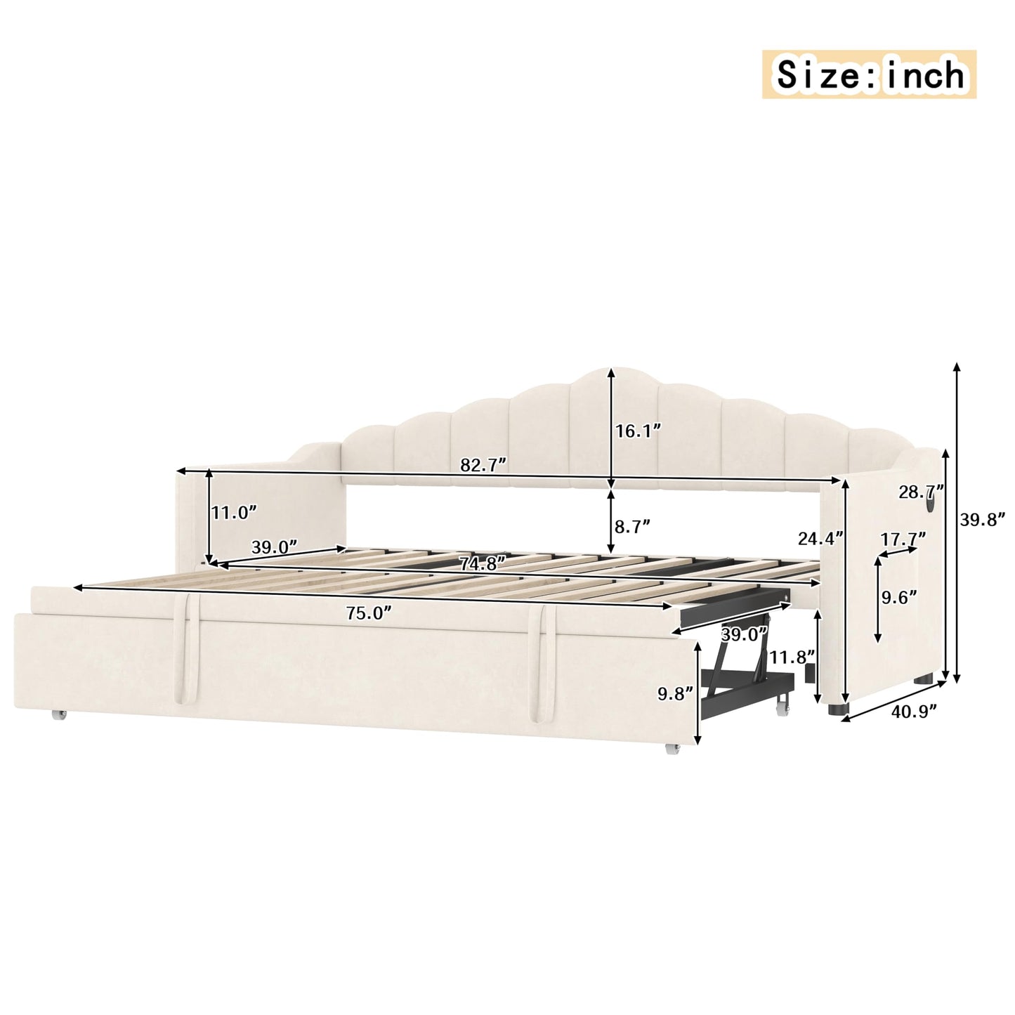 Twin Size Upholstered Daybed with Pop up Trundle,Velvet Day Bed Frame with USB and Side Pockets,Twin to King Daybed, Tufted Sofa Bed for Bedroom,Living Room,Guest,Beige