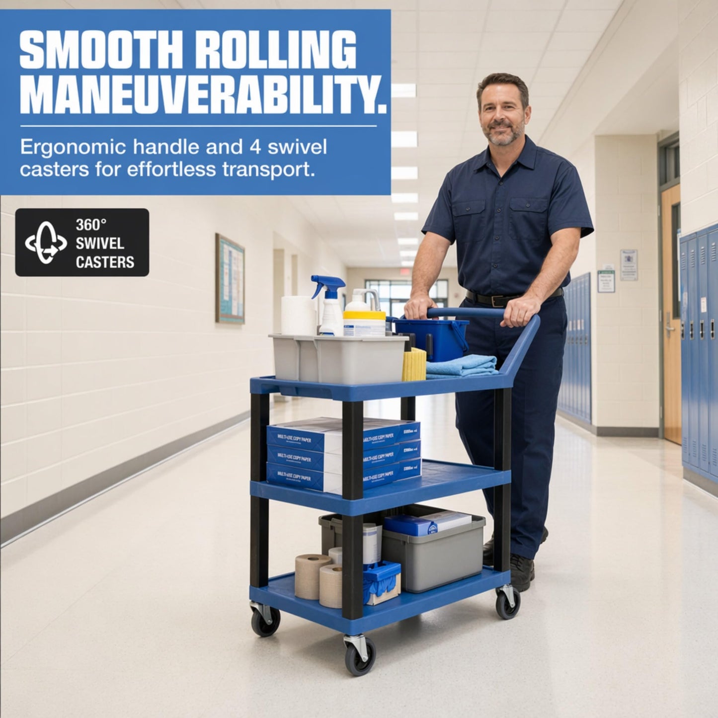 Classroom Basics WT34BUS Utility Cart, 3-Shelf Multipurpose Service Cart, 24" W x 18" D x 34" H, 300 lb Capacity, Molded Plastic with Ergonomic Handle, Flat Shelves, Blue Shelf and Black Leg