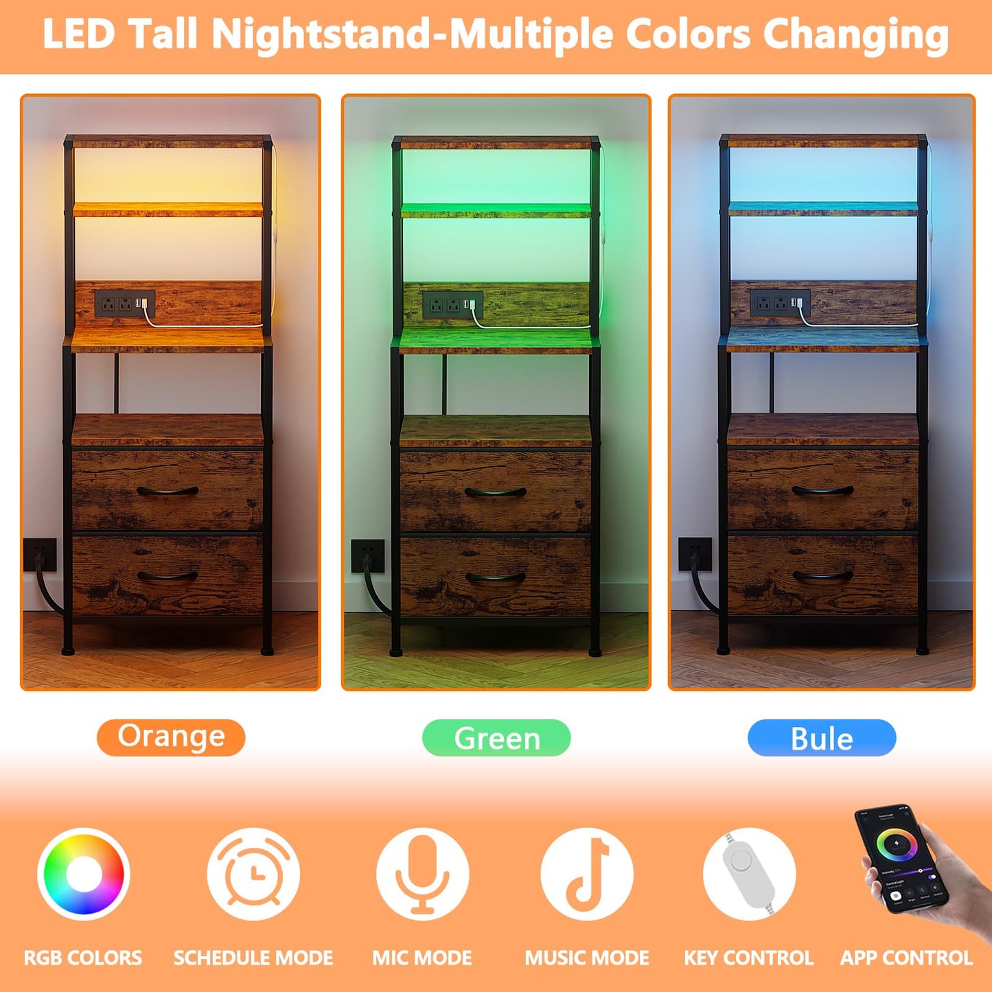 Furnulem Night Stand, Tall Nightstand with 4-Tier Shelves, 2 Fabric Drawers and LED Lights, Bed Side Tables with Charging Station, Bedside Table for Bedroom, Office, Rustic Brown