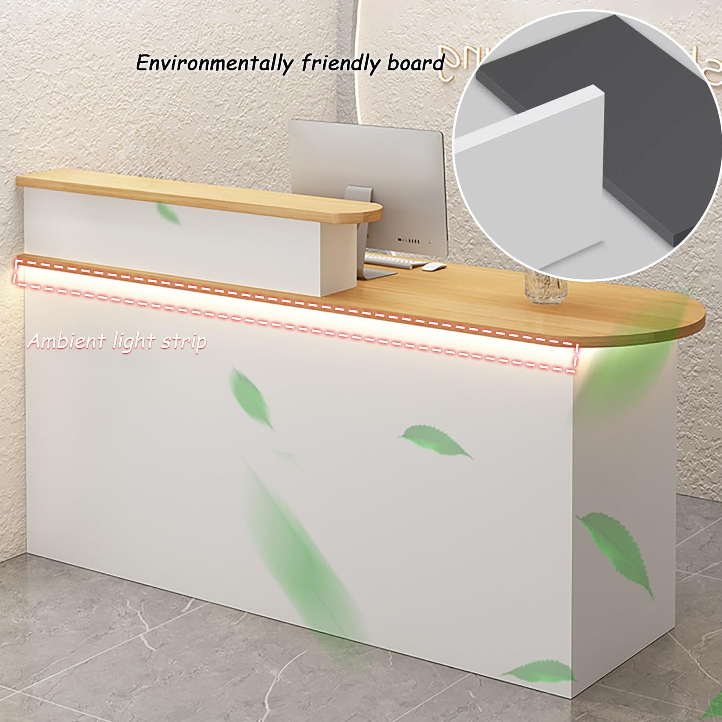 Modern LED Reception Desk with Keyboard Tray & Drawer - White Retail Checkout Counter Table (100x55x100cm) for Office, Salon, or Hotel