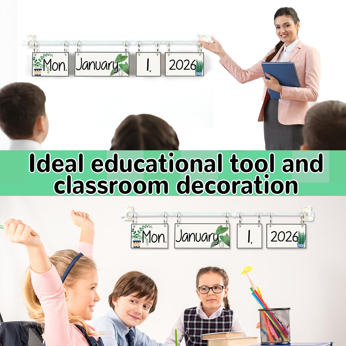 Greenery Flip Calendar for Classroom Bulletin Board Set Greenery Calendar Class Whiteboard Decor with 2026 to 2030 Years Date Cards and Adjustable Rod for Home Elementary School Teacher Supplies