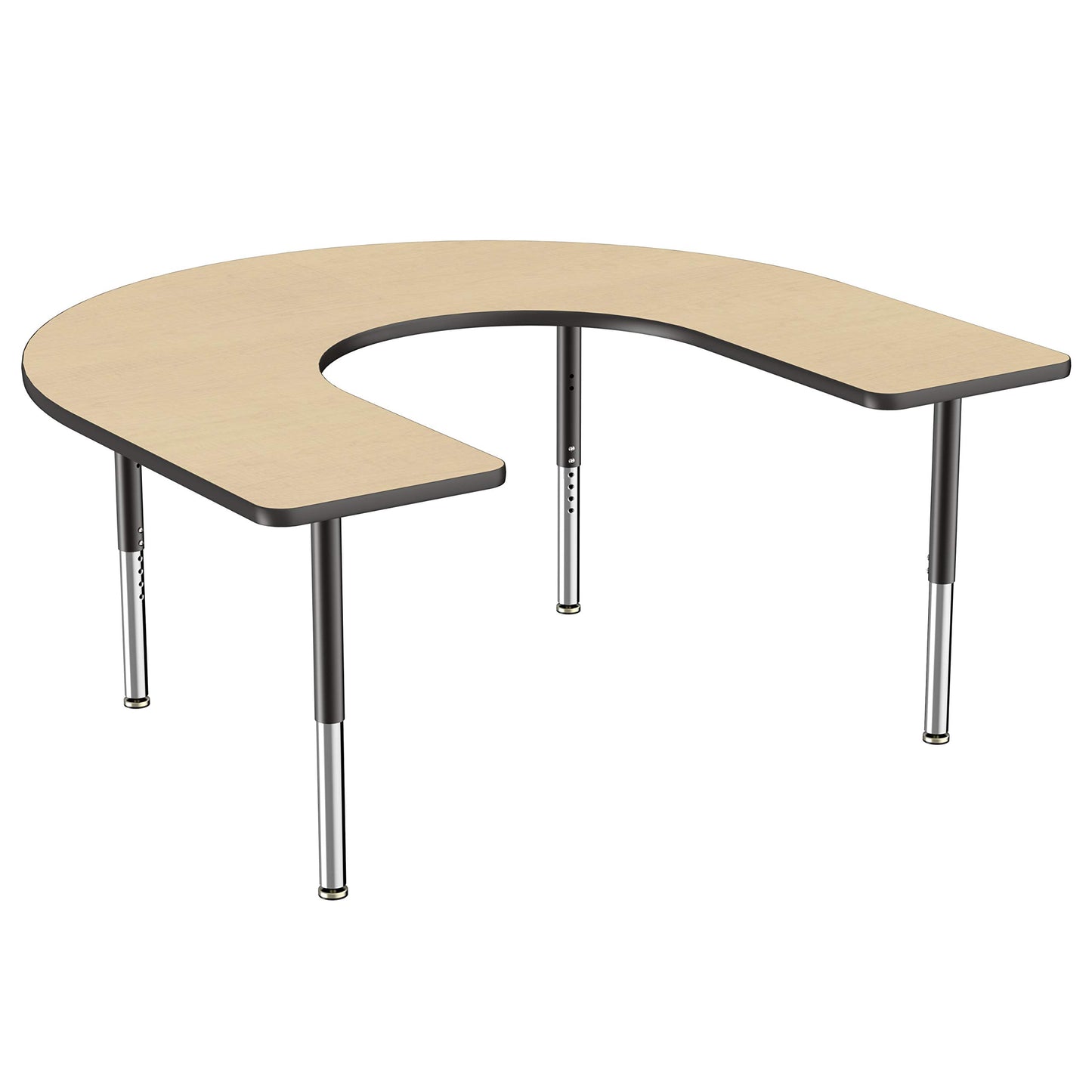 FDP Mobile Horseshoe Activity School and Office Table (60 x 66 inch), Super Legs with Glides and Casters for Collaborative Environments, Adjustable Height 19-30 inches - Maple Top and Black Edge