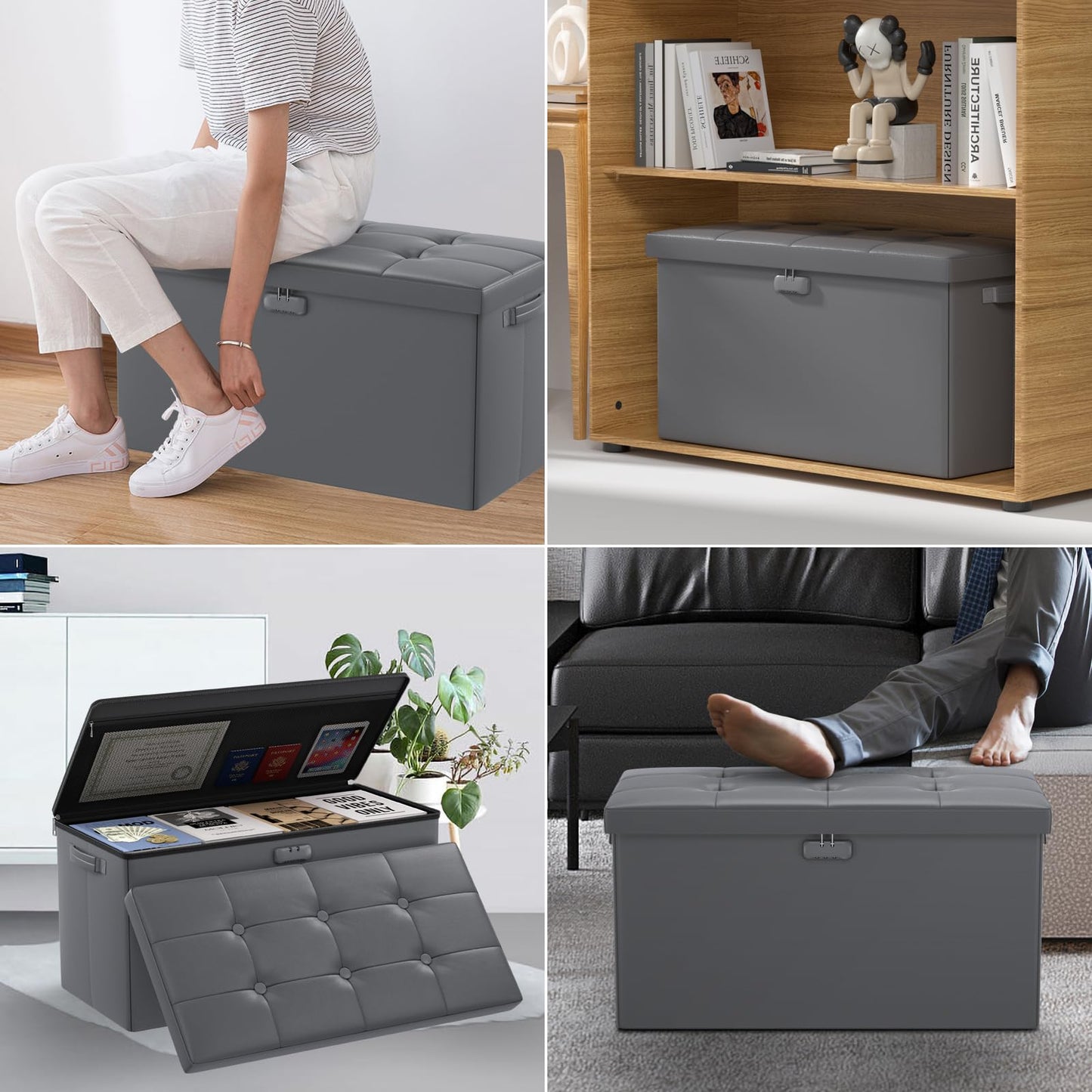 DocSafe Storage Ottoman Bench with Lock,Fireproof 30 Inches Folding Bench Foot Rest Stool Storage Chest Safe for Living Room,Bedroom,Home Office,Waterproof Leather Ottoman with Handles,Gray