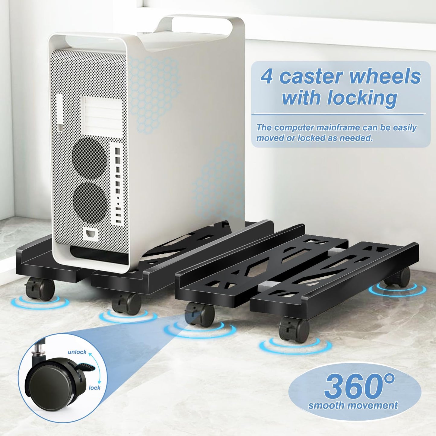 Hmseng Pc Stand for Floor, Adjustable Computer Tower Stand for Carpet,Mobile CPU Stand with 4 Rolling Caster Wheels, PC Tower Stand Fits Most PC Under Desk-D-Black