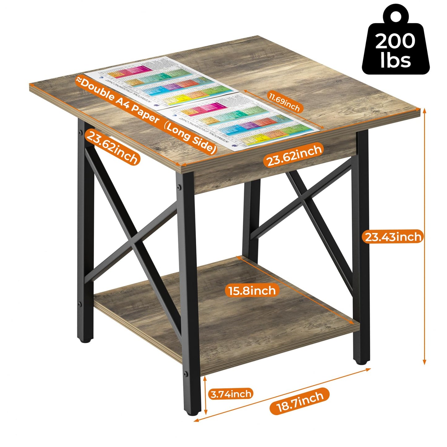 GreenForest Square End Table for Living Room, 24 Inch Large Side Table with X-Frame, Farmhouse Tall Bedside Nightstand with 2-Tier Storage Shelf, Gray Wash