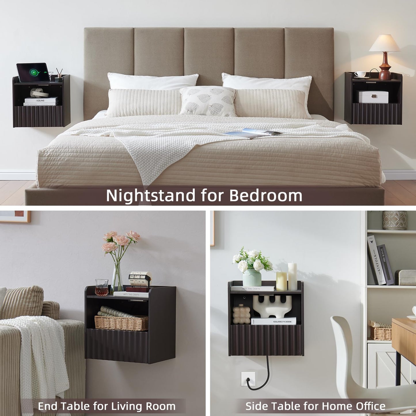 BuildHom Modern Fluted Floating Nightstand Wall Mounted - Bedside Table with Storage Drawer & Display Shelf, Minimalist Bedroom Furniture for Studio Apartments(Espresso)