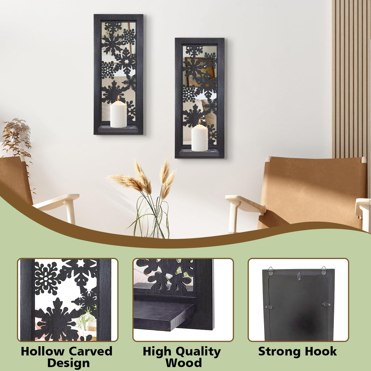 ZEXUIRU 2 Set Rustic Candle Sconces Living Room Bedroom Entryway Wood Mirrored, Farmhouse, Carved Frame Wall-Mount Wooden Candle Holders Wall Decor Hanging Handmade Holder - Black