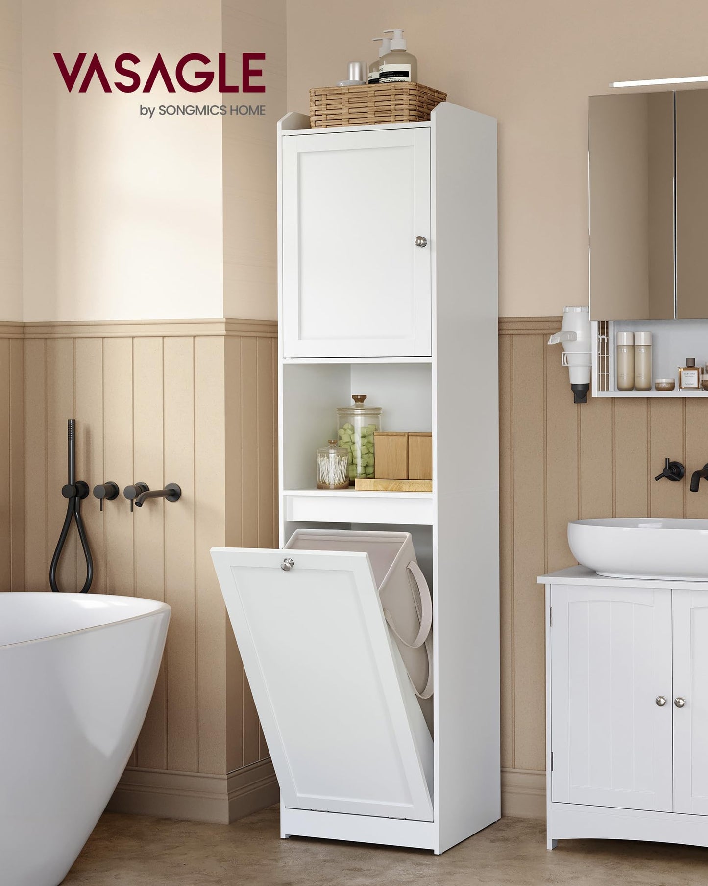 VASAGLE Tall Storage Cabinet, Storage Unit with Removable Laundry Basket, Compartment and Cabinet, for Bathroom, Living Room, 15.8 x 15.8 x 66.9 Inches, Cloud White UBBC761W01