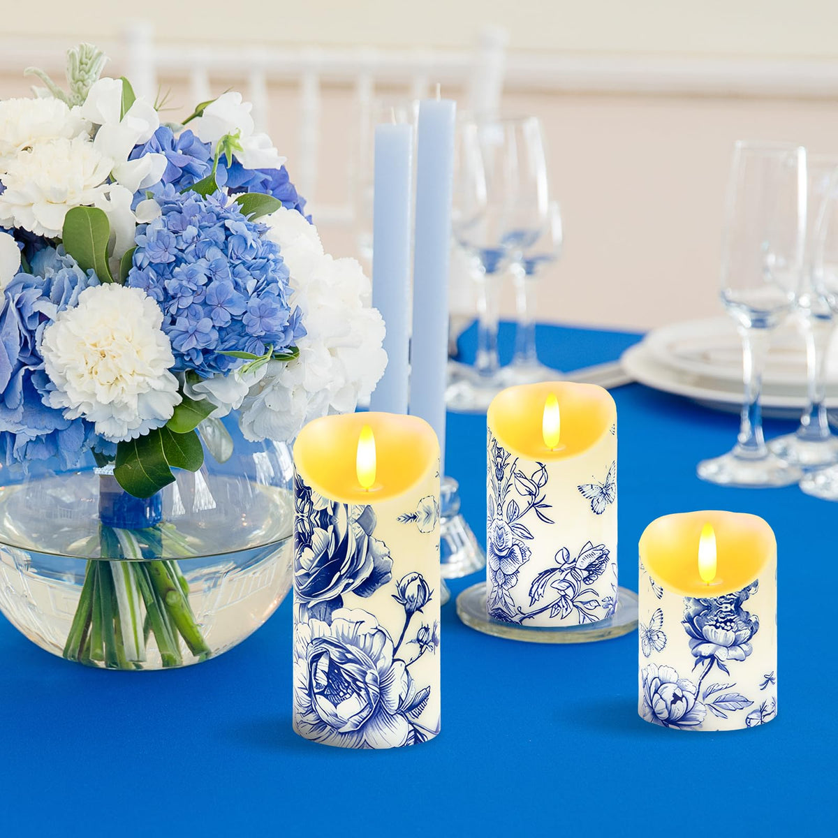 Ouvibor 3 Pcs Blue and White Flameless Candles Wedding Table Centerpiece Chinoiserie Candles Blue White Floral Printed Faux Candles with Remote Timer for Wedding Home Holiday Table Decor