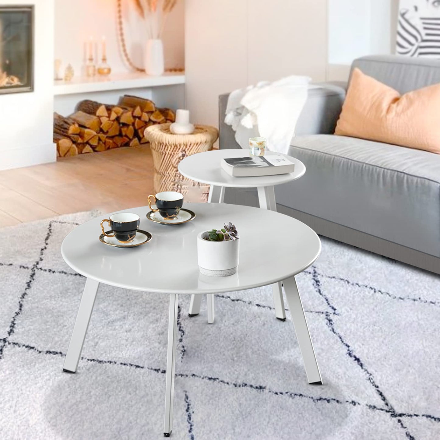 juserox Patio Outdoor Coffee Table Set of 2 - Weather Resistant Outdoor Round End Table Modern Coffee Tables for Living Room Balcony Home Office (White)