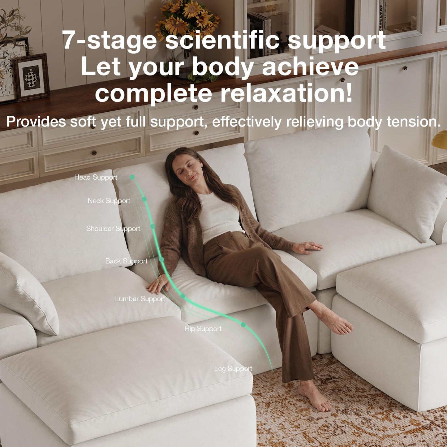 Novilla 133.8" Modular Cloud Couch, Modern Sectional Sofa with Smarts Coil® Support, Chenille Fabric, Upholstered Couch for Living Room Apartments Bedroom, No Assembly, 6 Seater, White