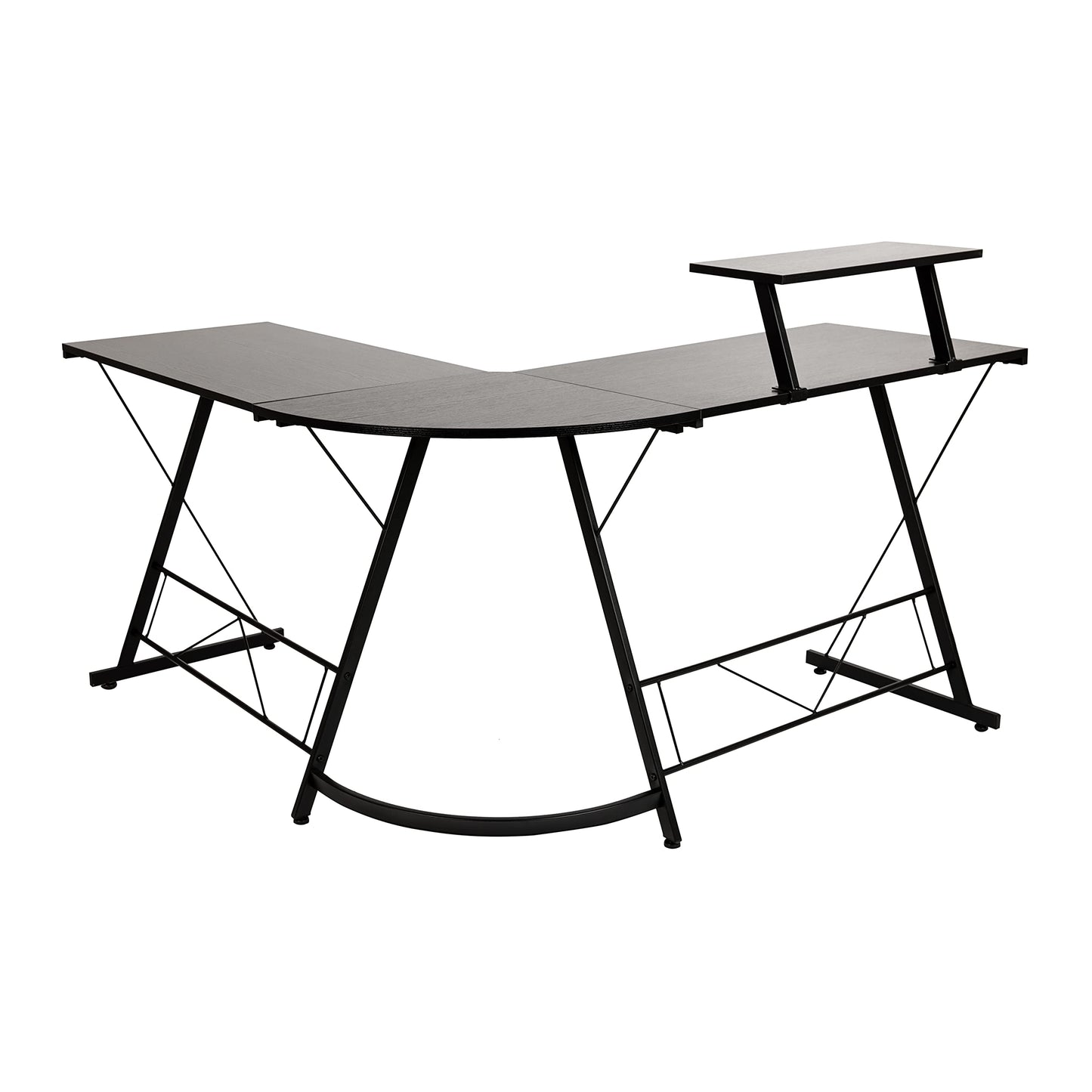Flash Furniture Ginny Corner Desk - Black/Black Space Saving L-Shaped Gaming Desk with Monitor Shelf - 71.5" 2-Tier Computer Desk, Home Office Desk, Easy Assembly