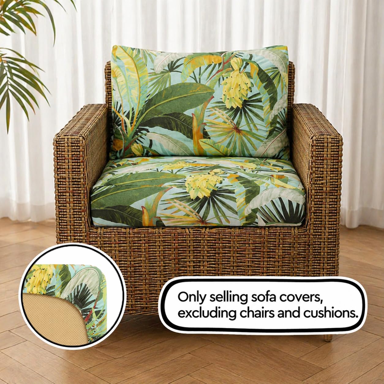2 Piece Patio Cushion Covers, Stretch Outdoor Couch Cushion Slipcovers Replacement for Seat & Backrest, Washable Furniture Protector with Elastic Bottom for Wicker Patio Furniture, Banana Leaves