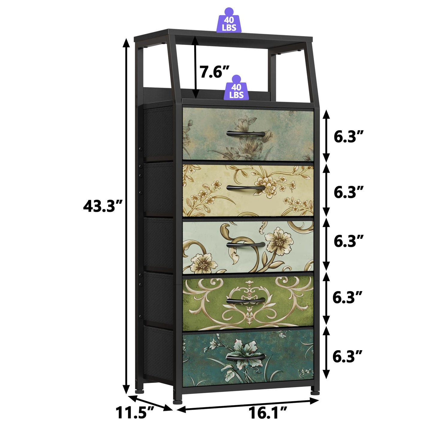 Furnulem Retro 5 Drawers Dresser, Tall Dressers for Bedroom, Closet, Hallway, Nursery, Fabric Storage Tower Organizer, Vertical Nightstand Side Table Furniture, Steel Frame, Wood Top