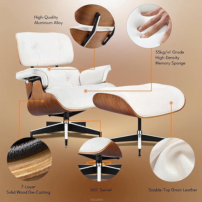 Top Grain Leather, Mid Century Chaise Lounge Chair and Ottoman, Reading Chair