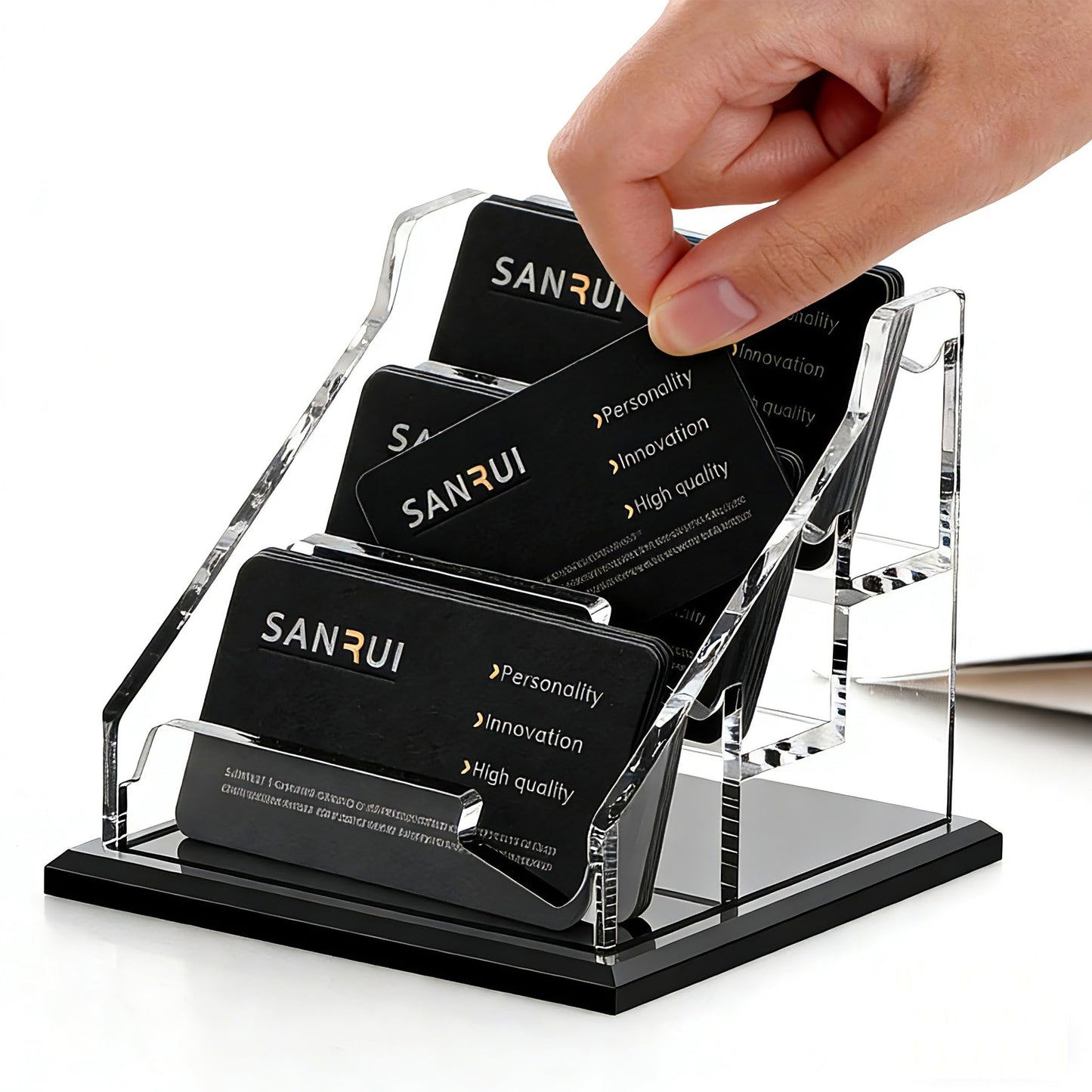 SANRUI Clear Acrylic Business Card Holder, 3-Slot Desktop Business Card Display Stand with Stable Widened Black Base, Desk Accessories Workspace Organizer for Office Reception Trade Show