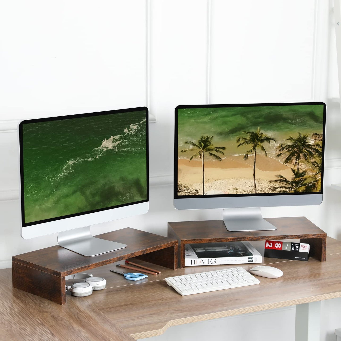 TEAMIX 2 Pack Monitor Stand Riser-20 inch, Wooden Tabletop Shelf for TV/PC/Laptop/Printer, Rustic Brown Monitor Riser with Storage, Computer Stand Ergonomic Design