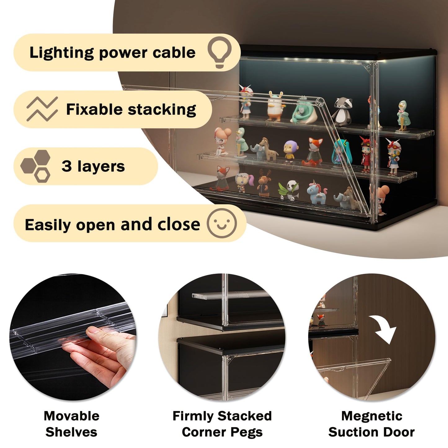 VERSSURE Clear Display Case for Collectibles, 3-Tier Stackable LED Figure Display Case with Magnetic Door, Adjustable Showcase for Models, Miniatures, Jewly (Black, 8.8“H-1PC)