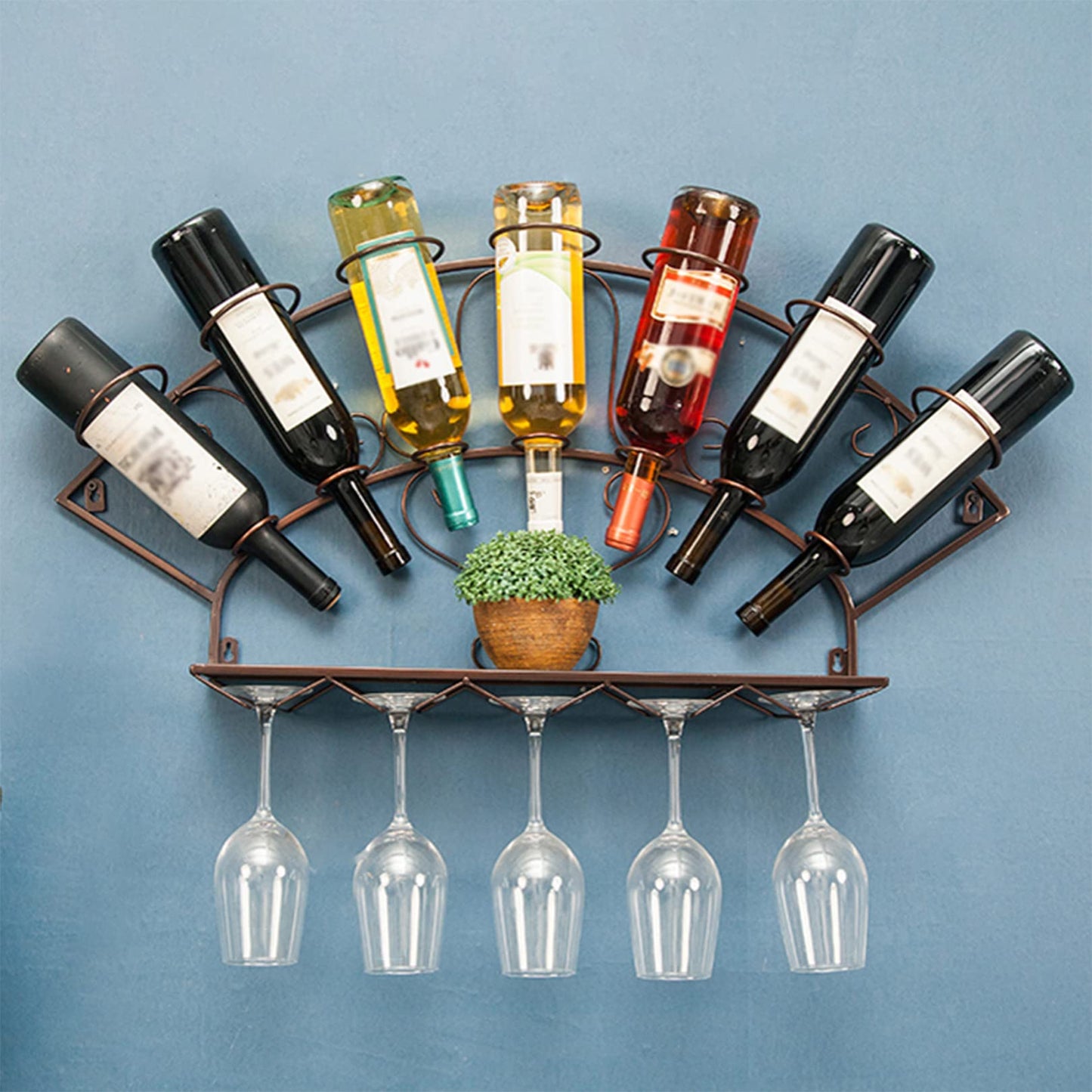 GOODBZ Creative Wall Mounted Wine Rack, Industrial Metal Wine Holder Rack, Hanging Display Shelf for 7 Wine Bottles, Modern Wine Holder for Home Kitchen Living Room Cafe Bar Decor