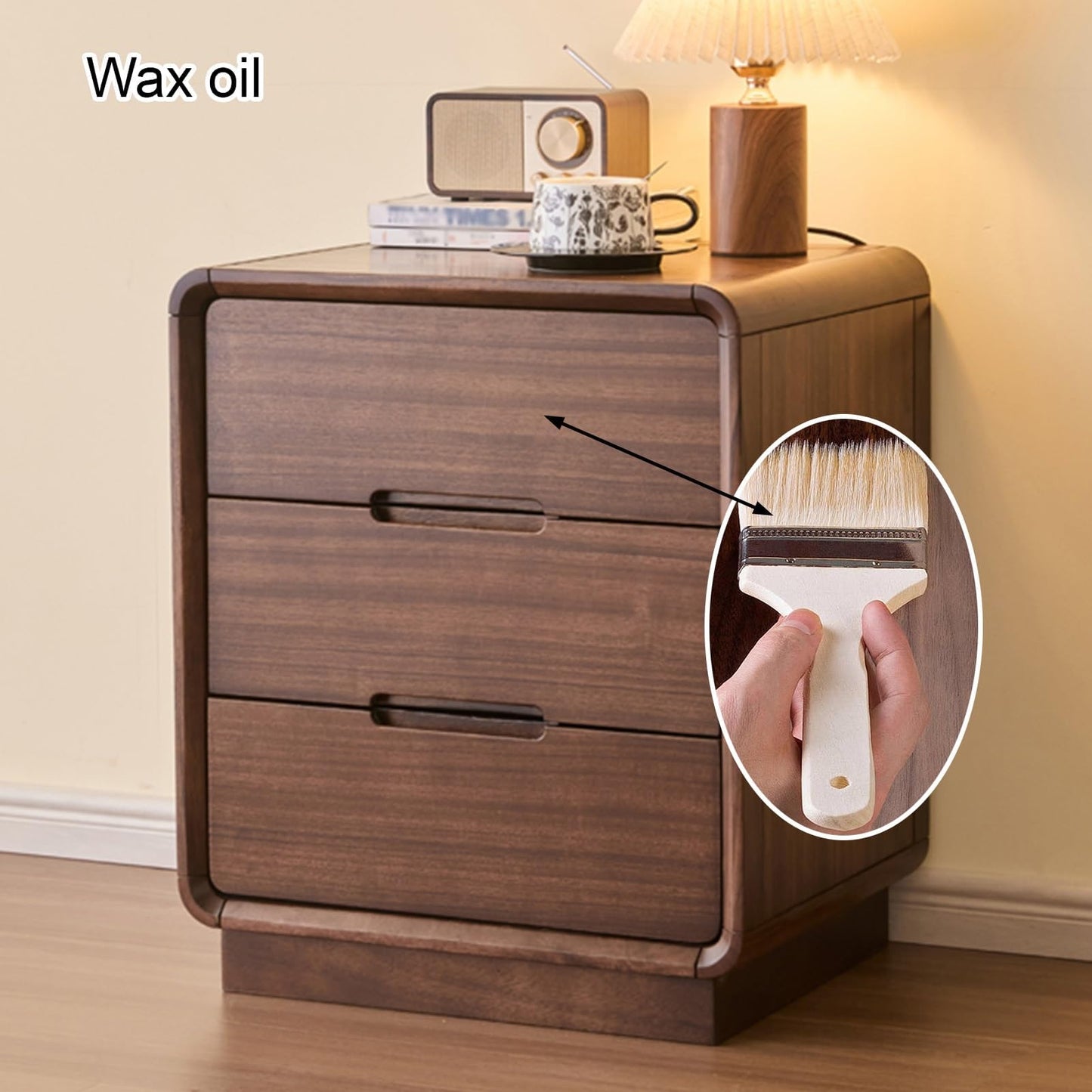 LSIGHTUS Retro Farmhouse Wooden Bedside Table with 3 Drawers, Nightstand with Arc Table Corners, Modern Bed End Table for Bedroom, Living Room, Office, Sofa Side