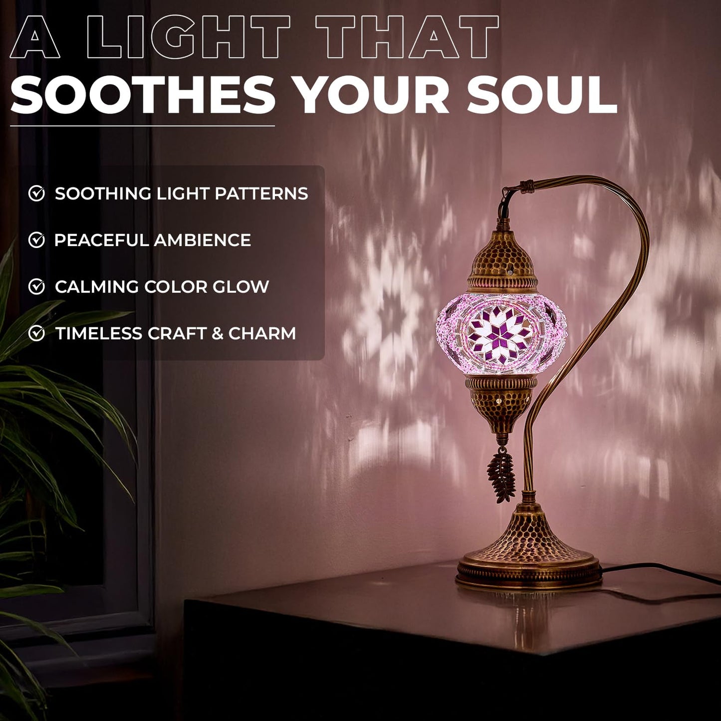 DEMMEX Turkish Moroccan Table Lamp, Swan Neck Tiffany Style Mosaic Glass Table Desk Bedside Lamp for Bedroom, Living Room – Handcrafted in Turkey, Lilac