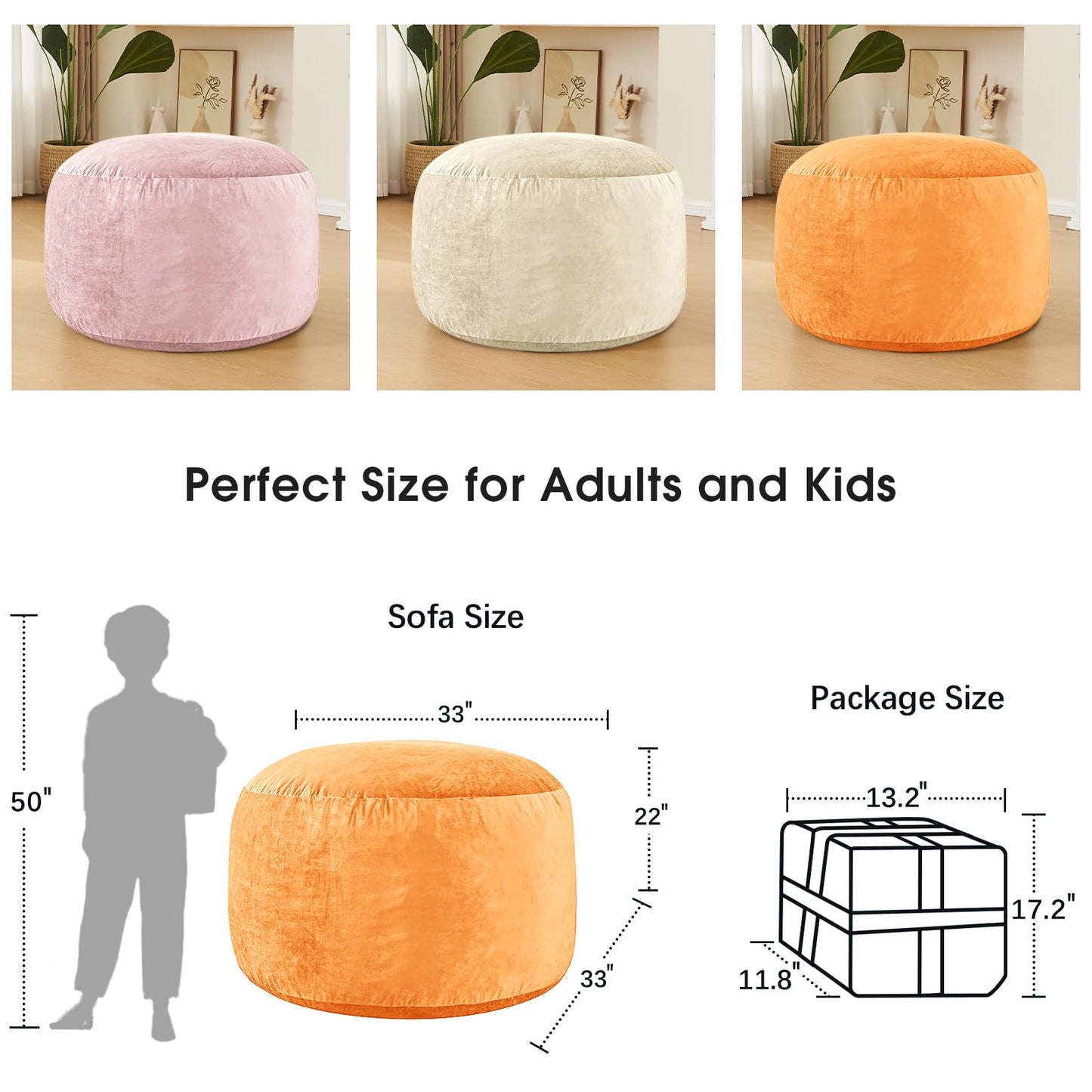 ILPEOD Bean Bag Chairs for Adults - Memory Foam Furniture BeanBag Chair - Kids/Teens Sofa with Soft Micro Fiber Cover - Round Fluffy Couch for Living Room Bedroom College Dorm - 3 ft, Orange