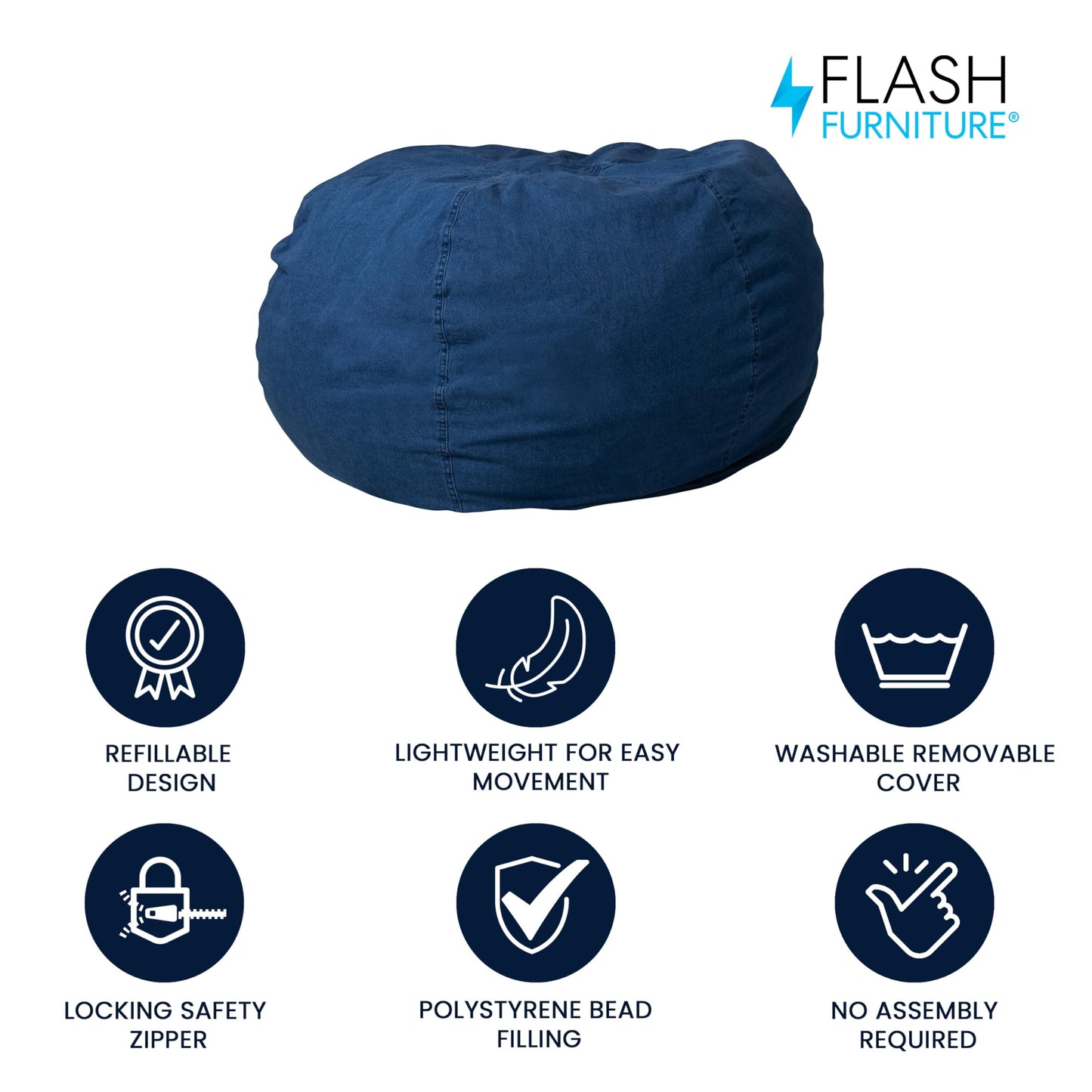 Flash Furniture Duncan Oversized Bean Bag Chair for Kids and Adults, Foam-Filled Beanbag Chair with Machine Washable Cover, Denim