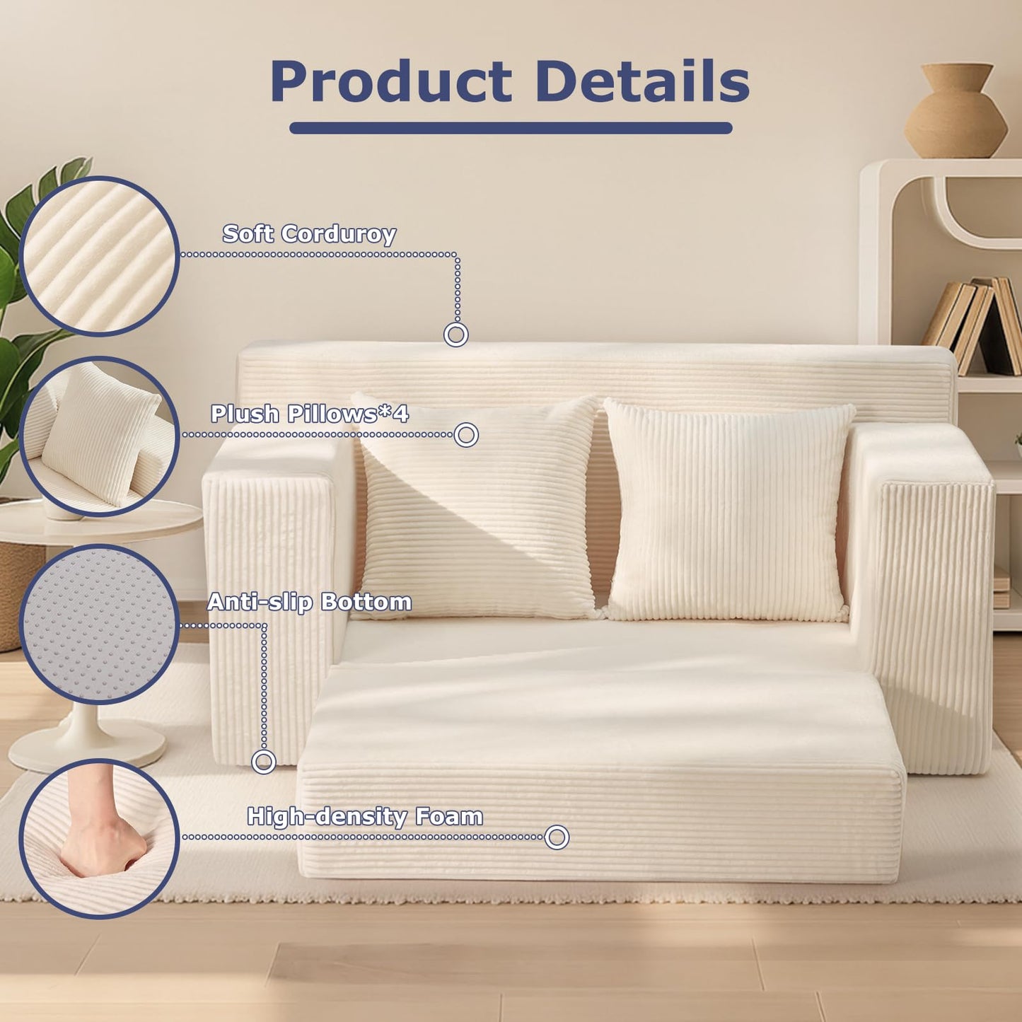 feliz home Convertible Sofa Bed, Boneless Couch Loveseat, 2 in 1 Folding Couch Bed, Fold Out Comfy Floor Futon Sofa with 4 Pillows for Living Room Bedroom, Beige