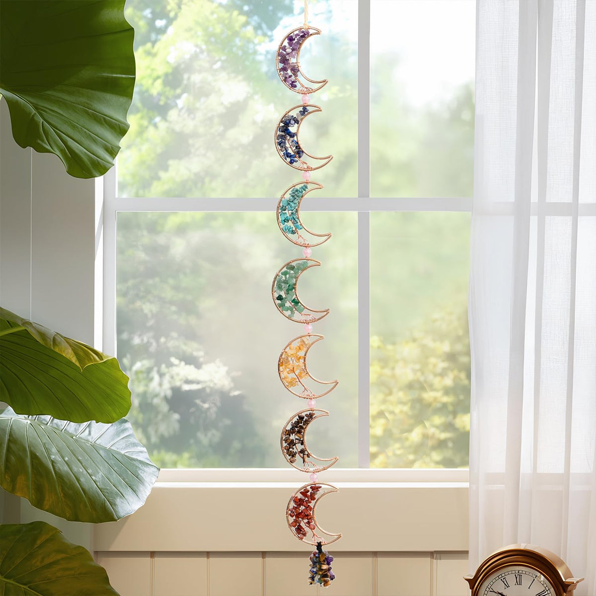 7 Chakra Healing Crystals Hanging Ornament，Handmade Tree of Life Chakra Stones Moon Natrual Gemstones Wall Hanging Ornaments for Home Decor Yoga Meditation(7 Moon Crystal Tree)