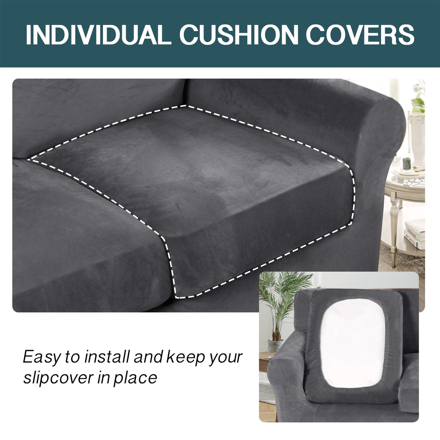 FantasDecor 3 Piece Sofa Covers Velvet for 2 Cushion Couch Stretch Loveseat Slipcover with Individual Seat Elastic Furniture Protector for Pets (Loveseat, Gray)