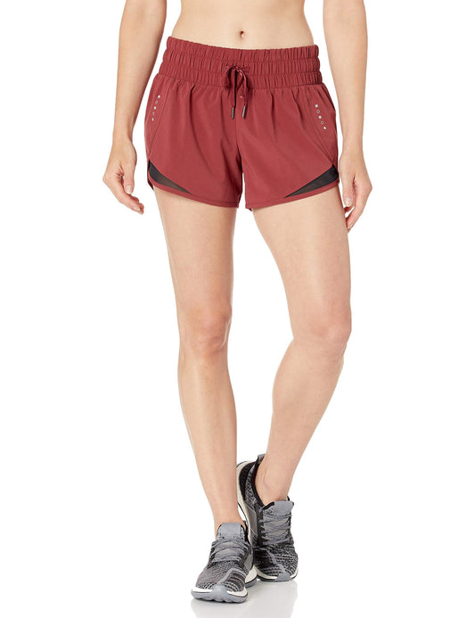 Amazon Essentials Women's Regular-Fit Athletic Ruched Waistband Woven Running Short, Ruby Red, Medium