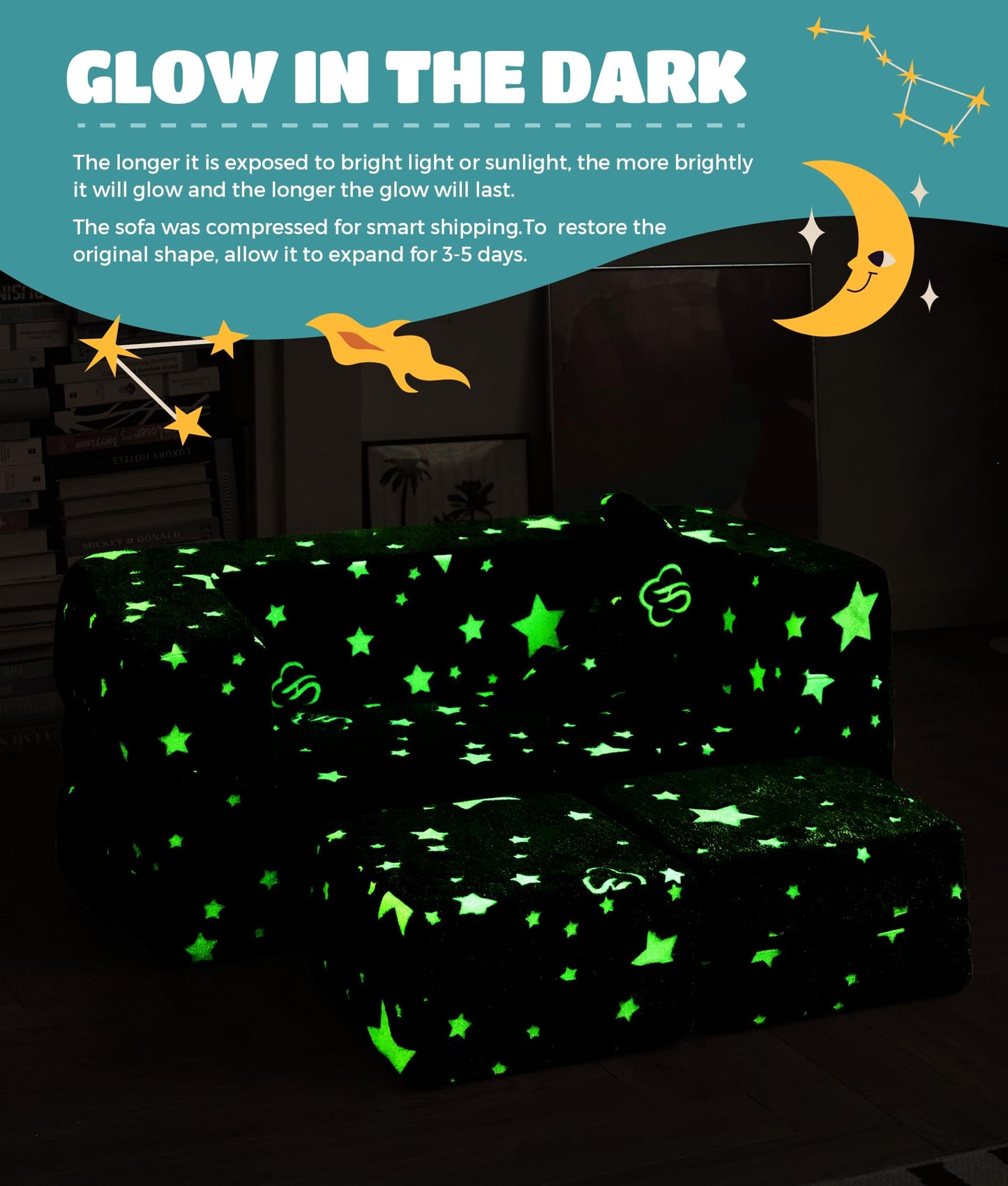 Elftopia Modular Kids Sofa, Glow in The Dark Star Plush Couch, Convertible Kids Play Set, Fold Out Sofa Bed(Stars)