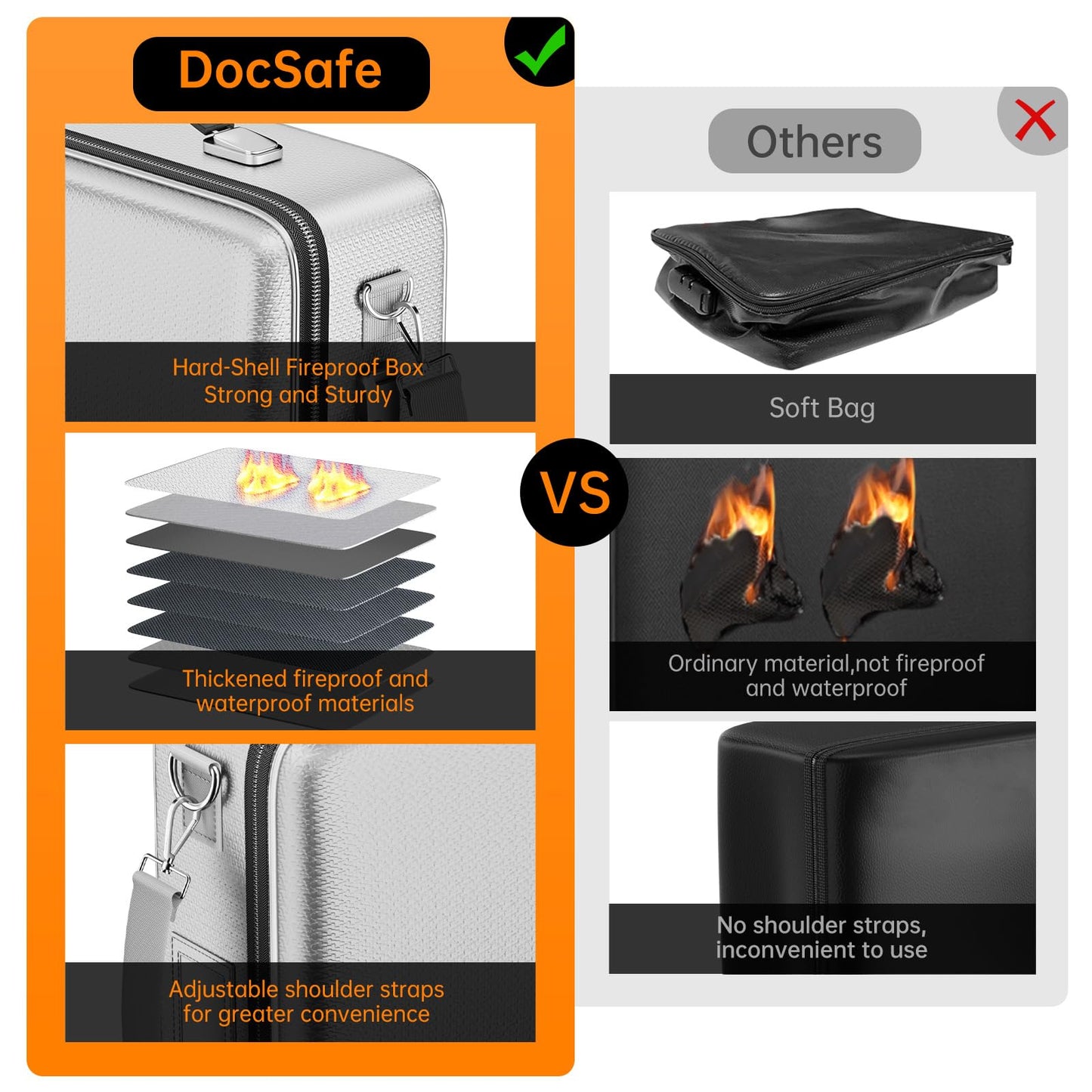 DocSafe Fireproof Document Box with Lock, Hard Case File Organizer with Accordion File Folder, Fireproof Water Resistant Safe Box Home Office Travel Storage for Important Documents Laptop Silver