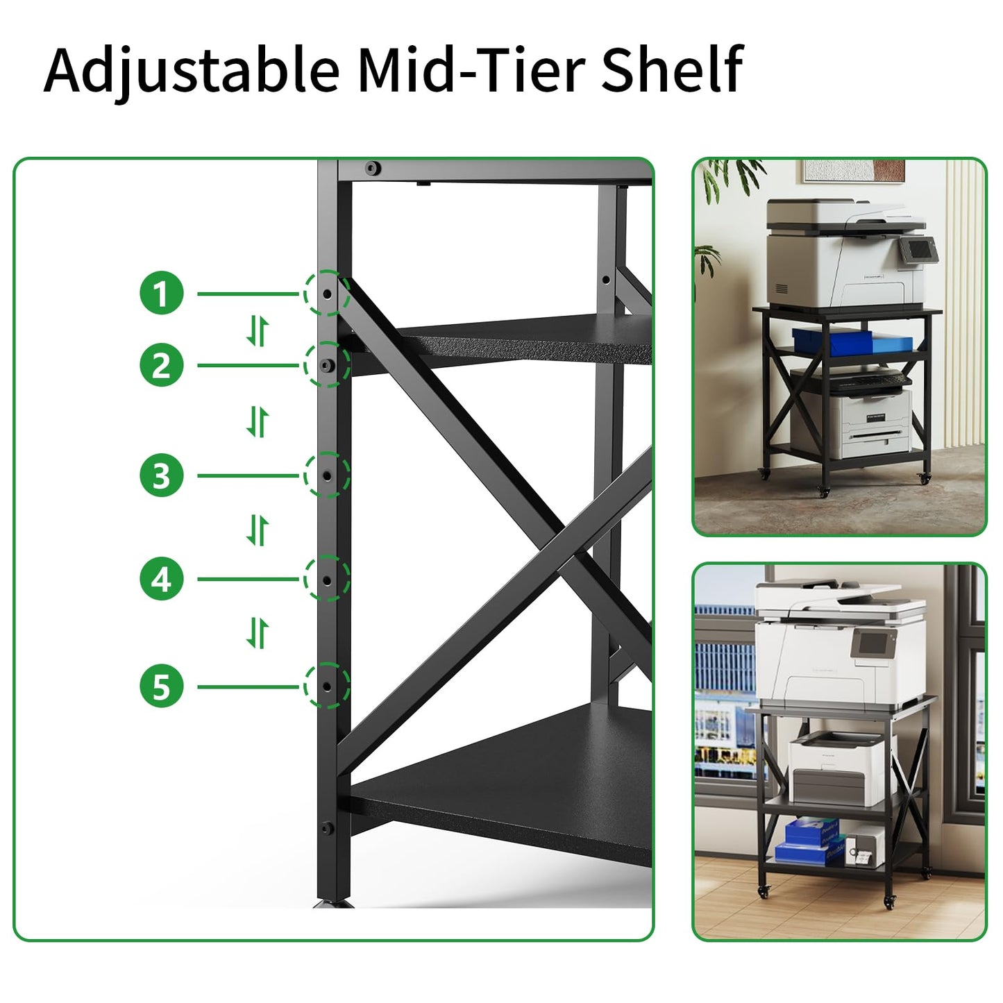 Ollieroo 3 Tier Printer Stand, Large Table with Wheels, Rolling Cart with Height Adjustable Middle Storage Shelf, 23.6 x 23.6 x 30.3 Inches Shelf for Home Office, Black