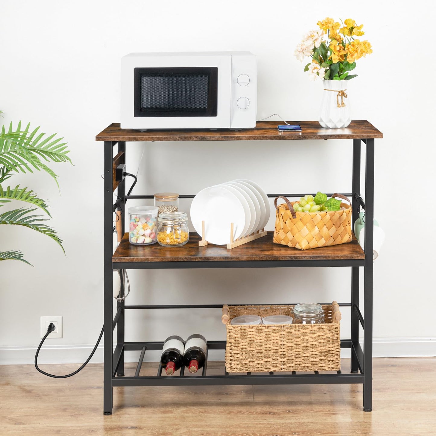 HOOBRO Kitchen Island with Storage, Kitchen Island Table with Power Outlet, 35.4" L 3 Tier Coffee Station and Microwave Stand, for Home, Dining Room, Rustic Brown and Black BF021ZD01