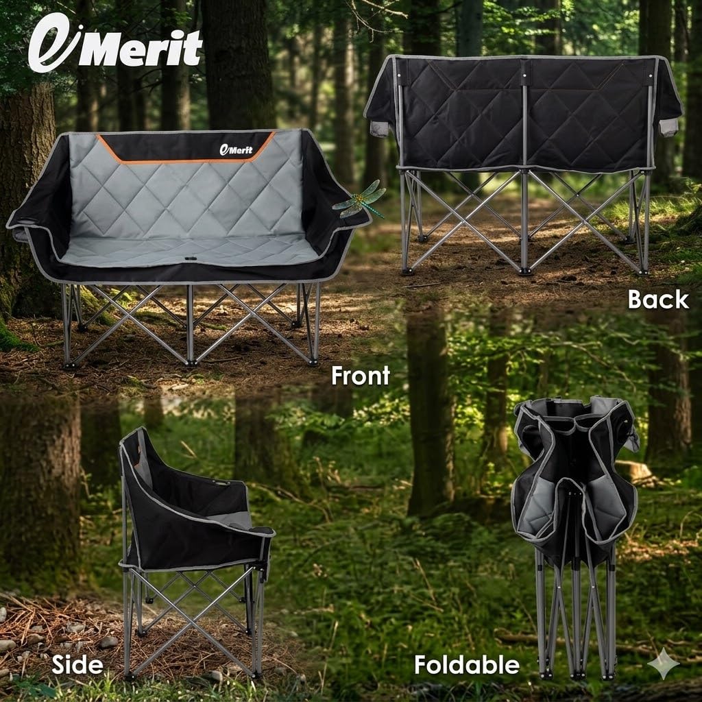 EMERIT Oversized Fully Padded Camping Chair, Heavy Duty 650LB Folding Camping Loveseat, Quad Fold Double Camping Couch with Cup Holders & Carry Bag for Outdoor, Lawn, Sports Events Black