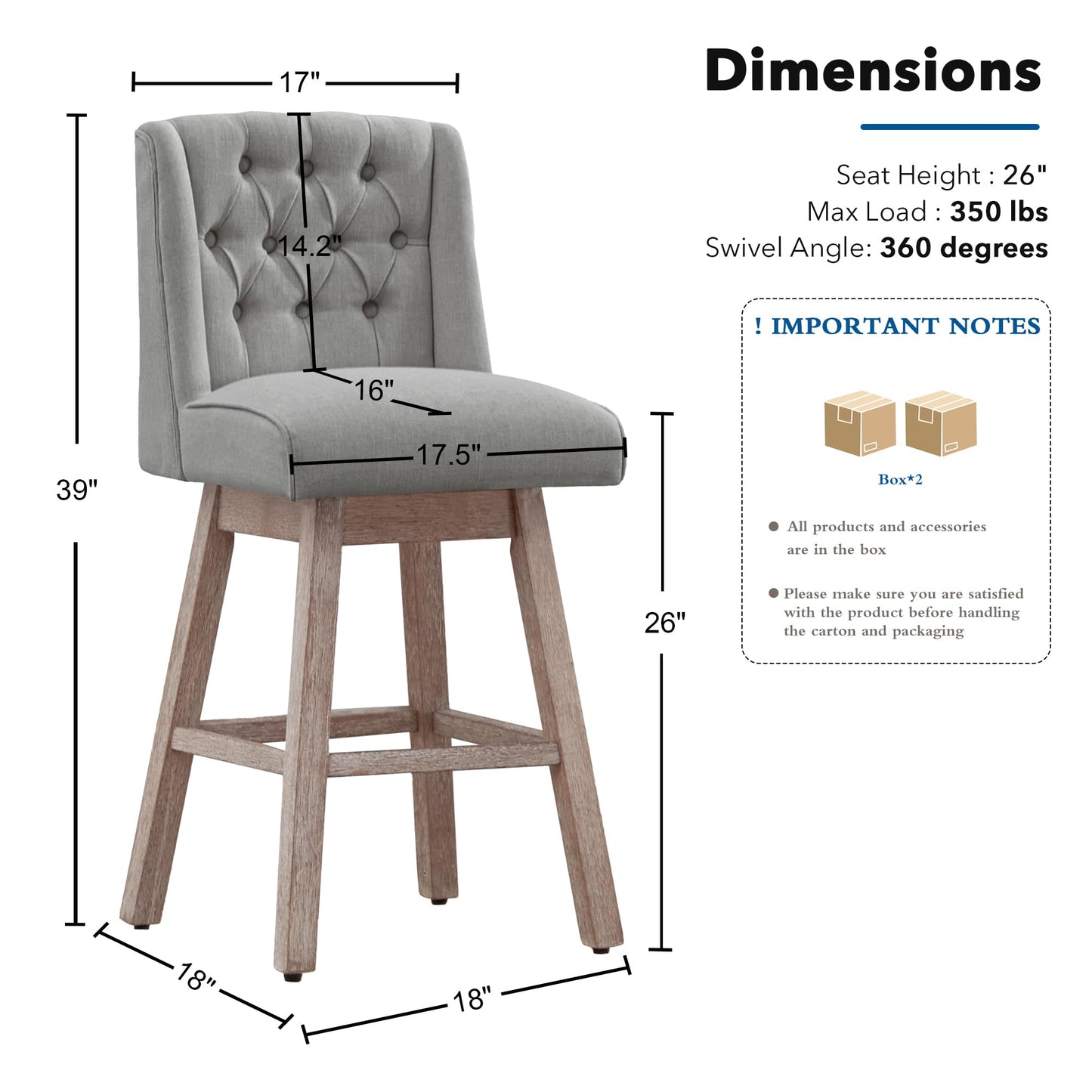 UDAX 26" Swivel Bar Stools Set of 4, Counter Height Barstools with Back, Linen Fabric Upholstered Bar Stools, Modern Barstools Wood Legs for Kitchen Island Dining Room Bar