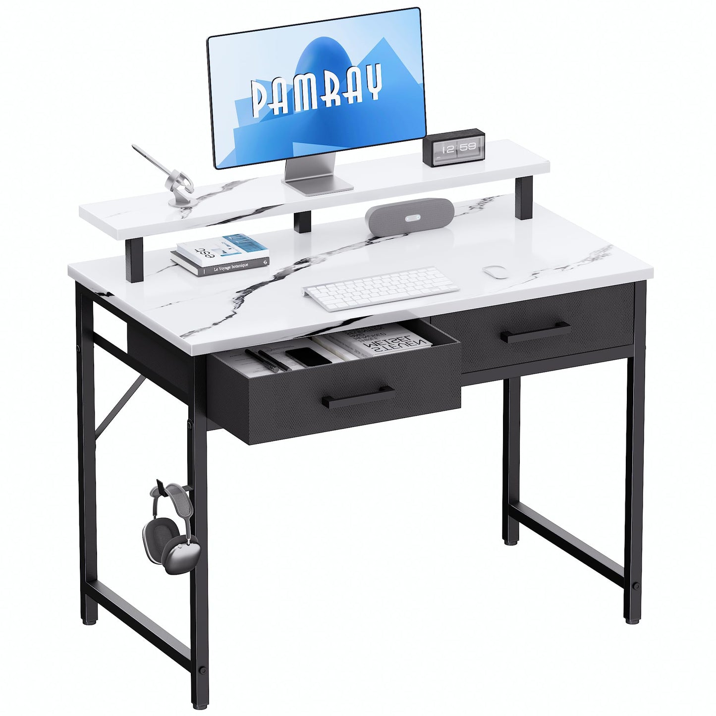 Pamray 32 Inch Small Computer Desk with Monitor Stand Home Office Desks with 2 Drawers for Bedroom Study Writing and Work Table for Small Spaces Marble