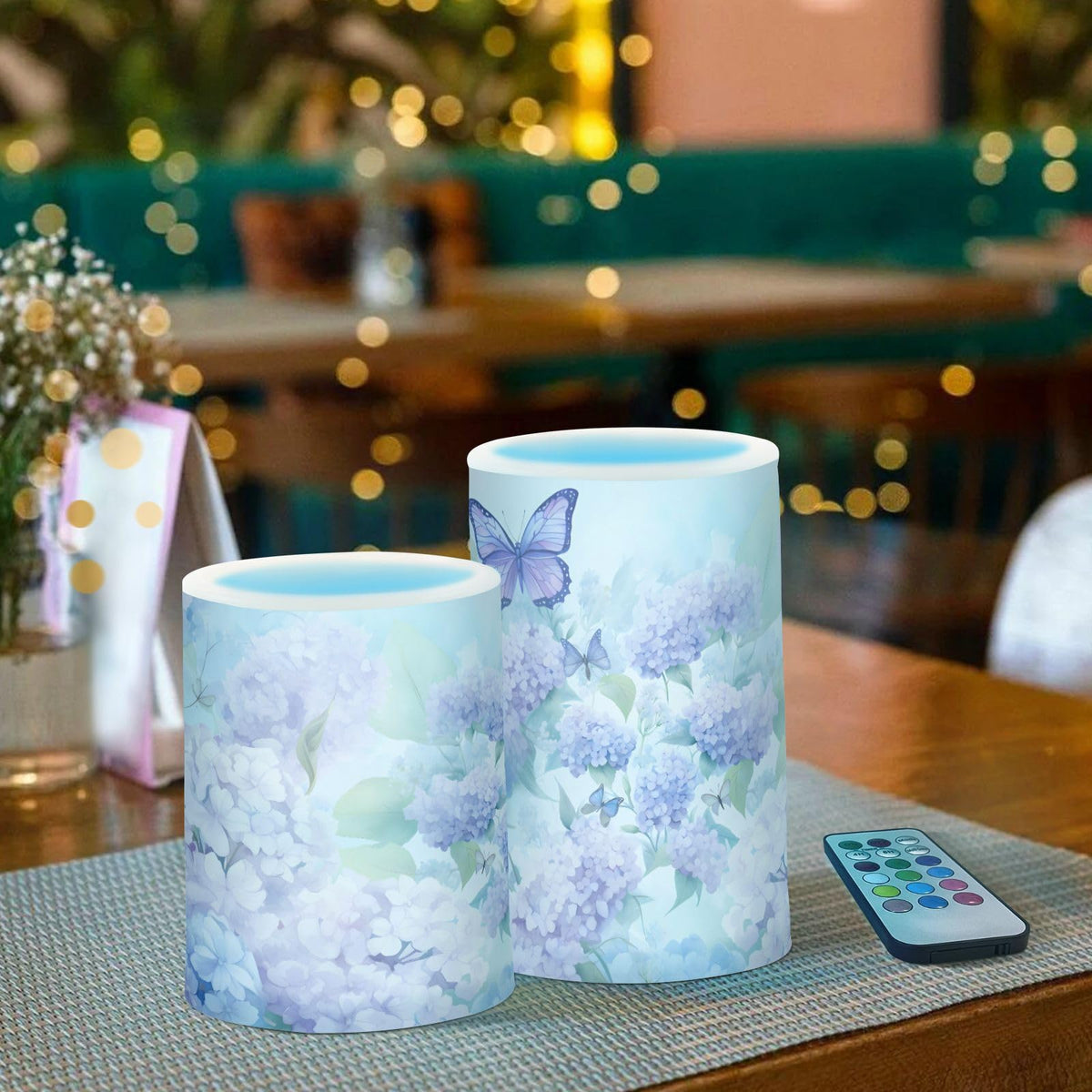 ALAZA Blue Hydrangea Flowers with Butterflies Flickering Flameless Candles Battery Operated with Remote Timer,Tea Light Candles LED Pillar Votive Candles Set of 2 for Outdoor Indoor Decorations
