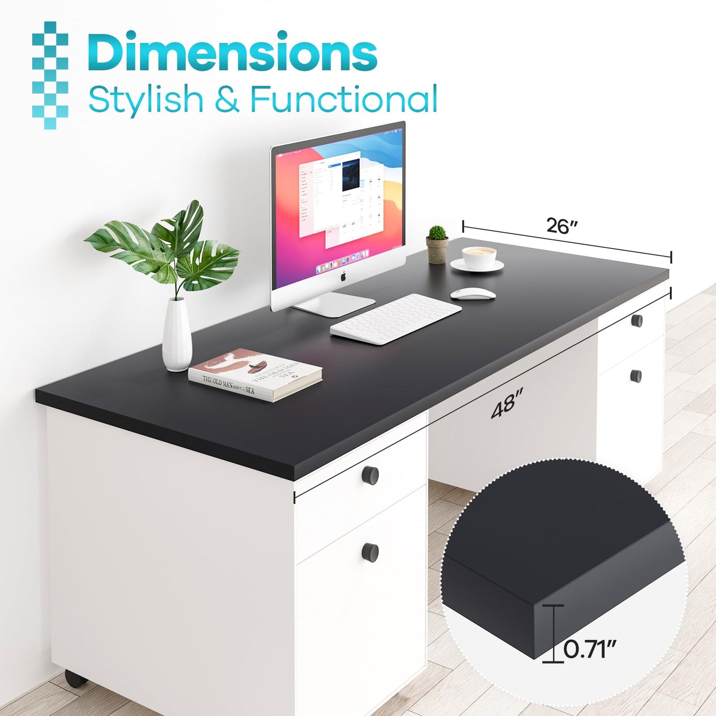 Kaboon 48"x26" Universal Table Top, Solid One-Piece Desktop, Reversible Melamine Countertop, Double Desks, L-Desk DIY, Black